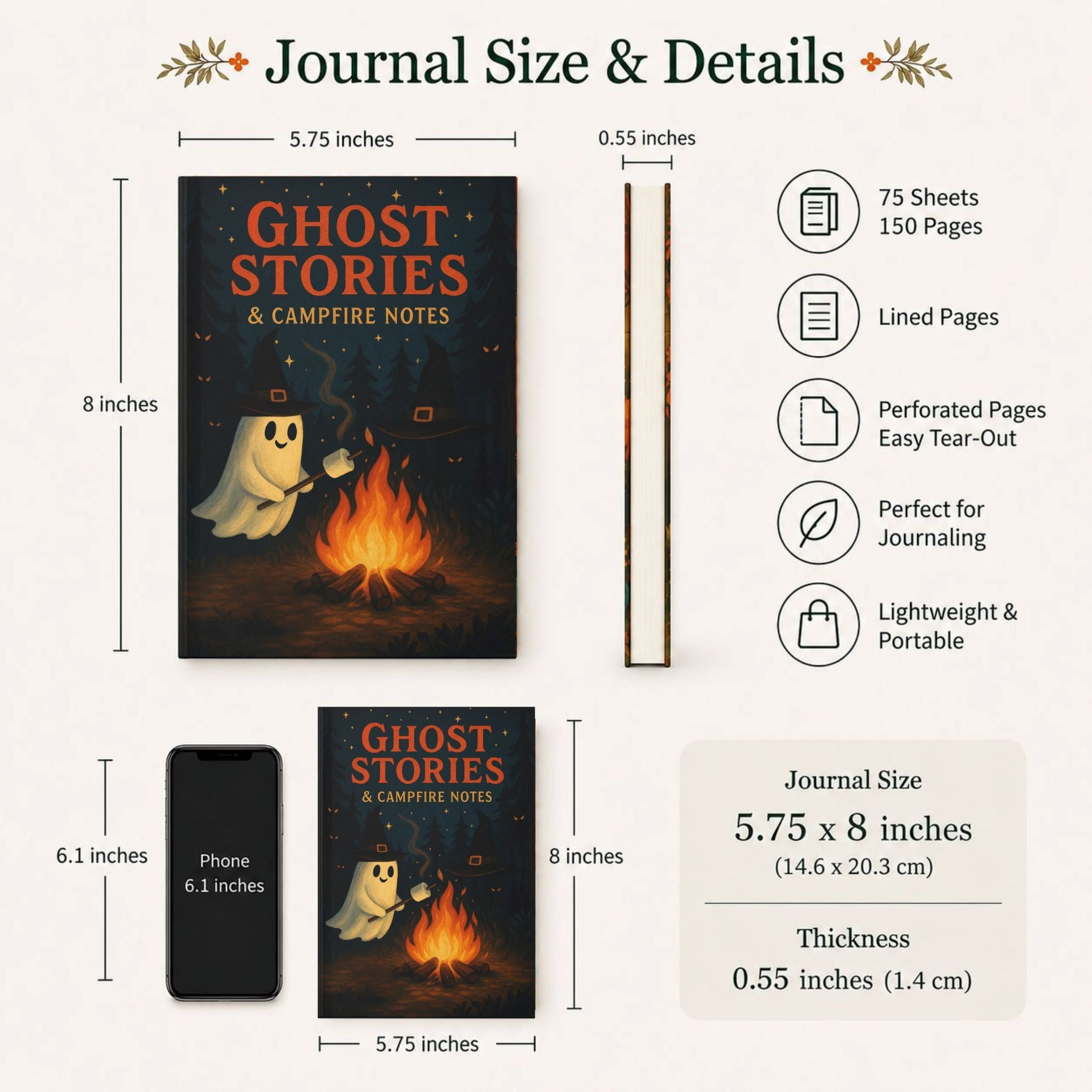 Ghost Stories journal size guide showing 5.75 x 8 inch hardcover details.
