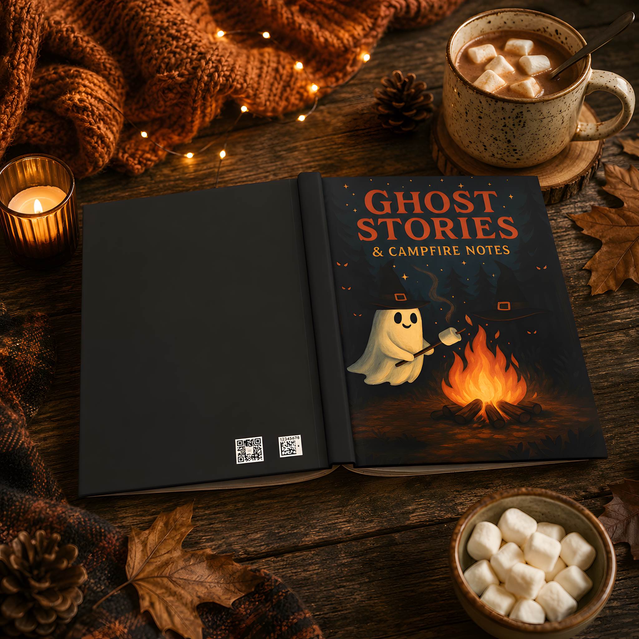 Ghost Stories journal styled with dark back cover, candlelight, and autumn decor.