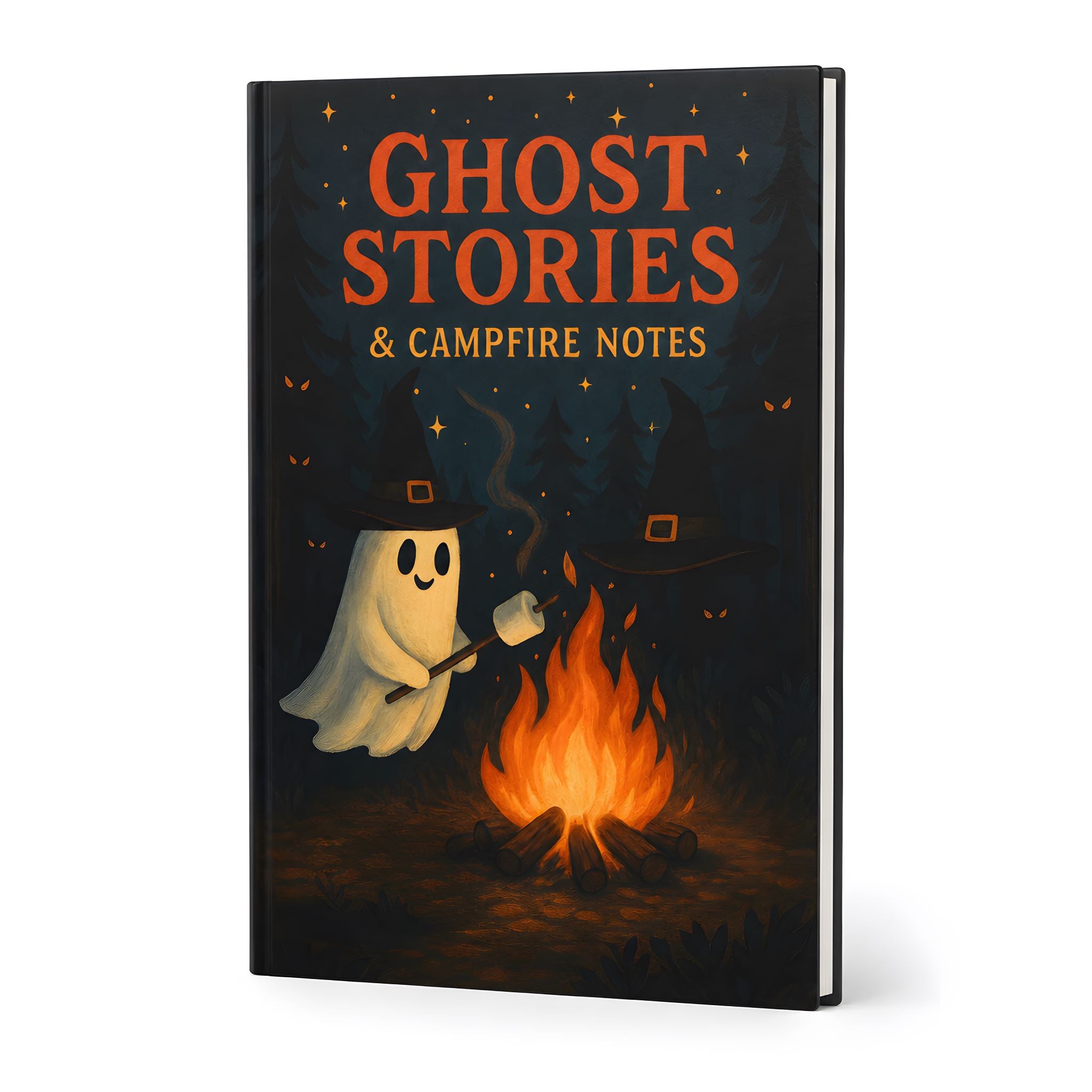 Ghost Stories Halloween lined journal with campfire ghost artwork on white background.