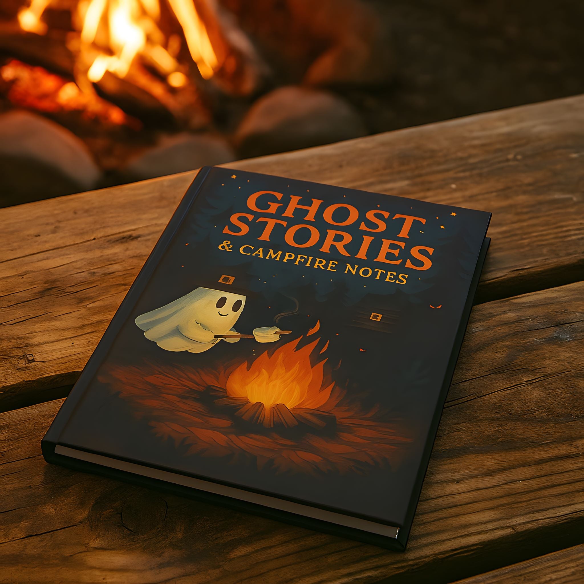 Ghost Stories journal styled on a cozy tabletop with candle and warm campfire glow.
