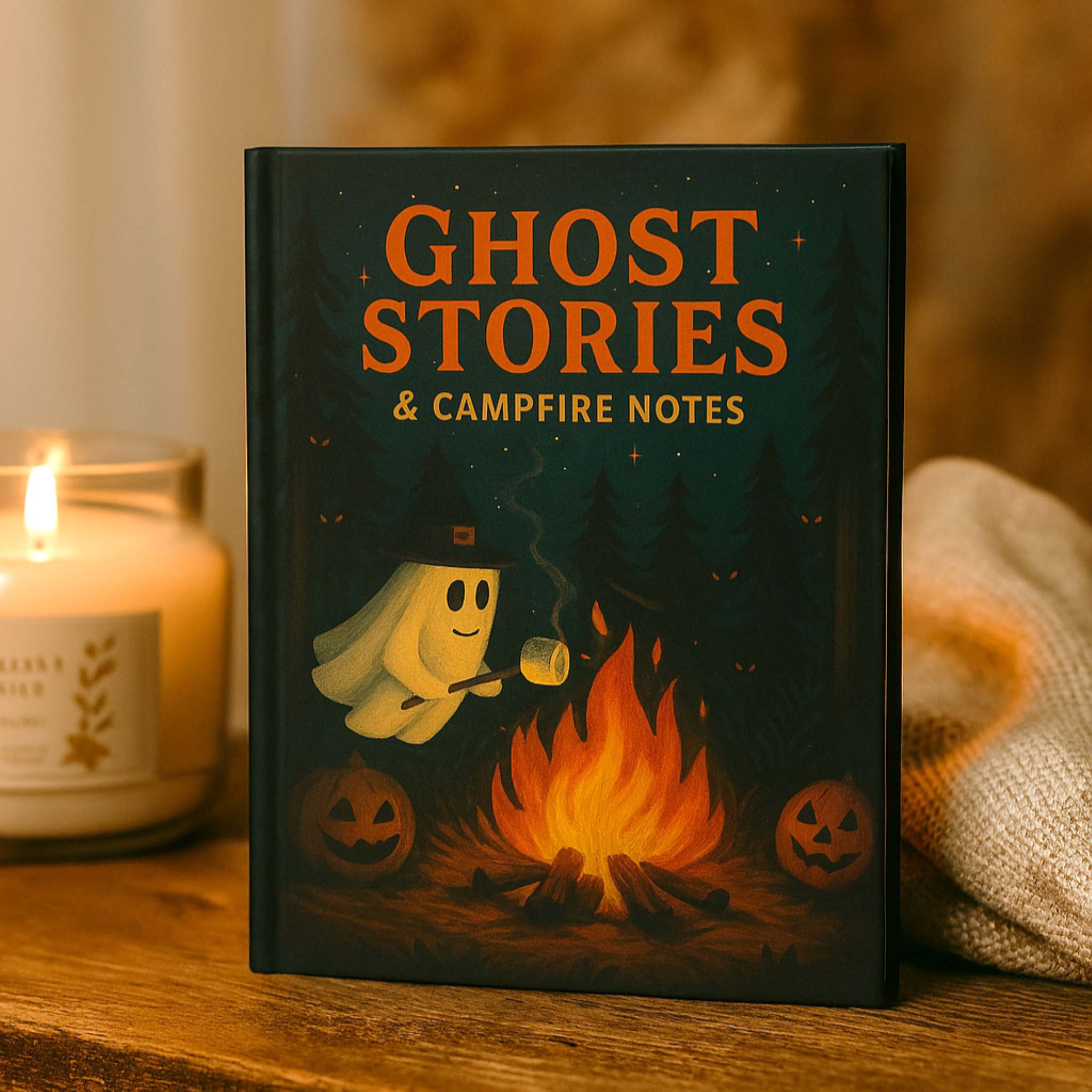 Halloween ghost journal standing beside candlelight with campfire cover artwork.