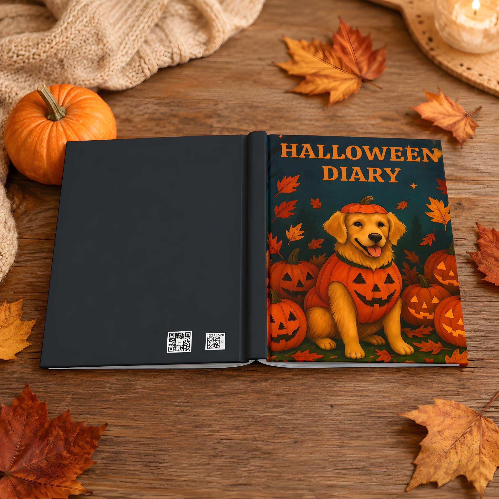 Halloween dog journal styled with black back cover, blanket, candle, and autumn leaves