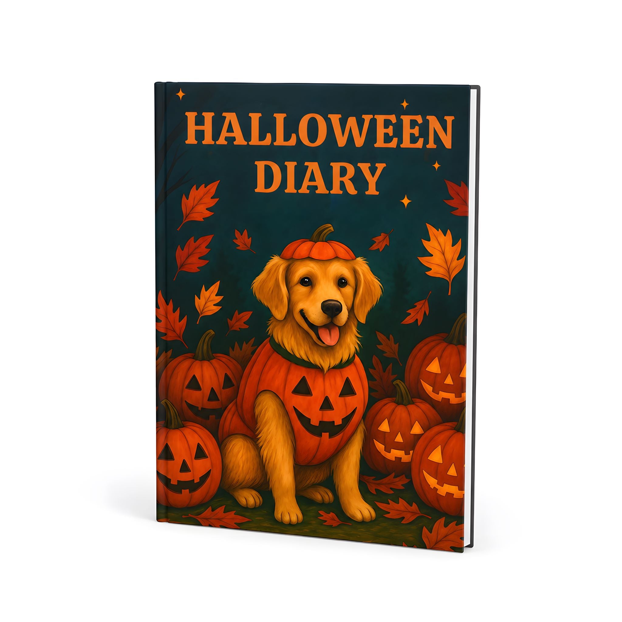 Halloween lined journal with golden dog, pumpkin costume, jack-o’-lanterns, and fall leaves