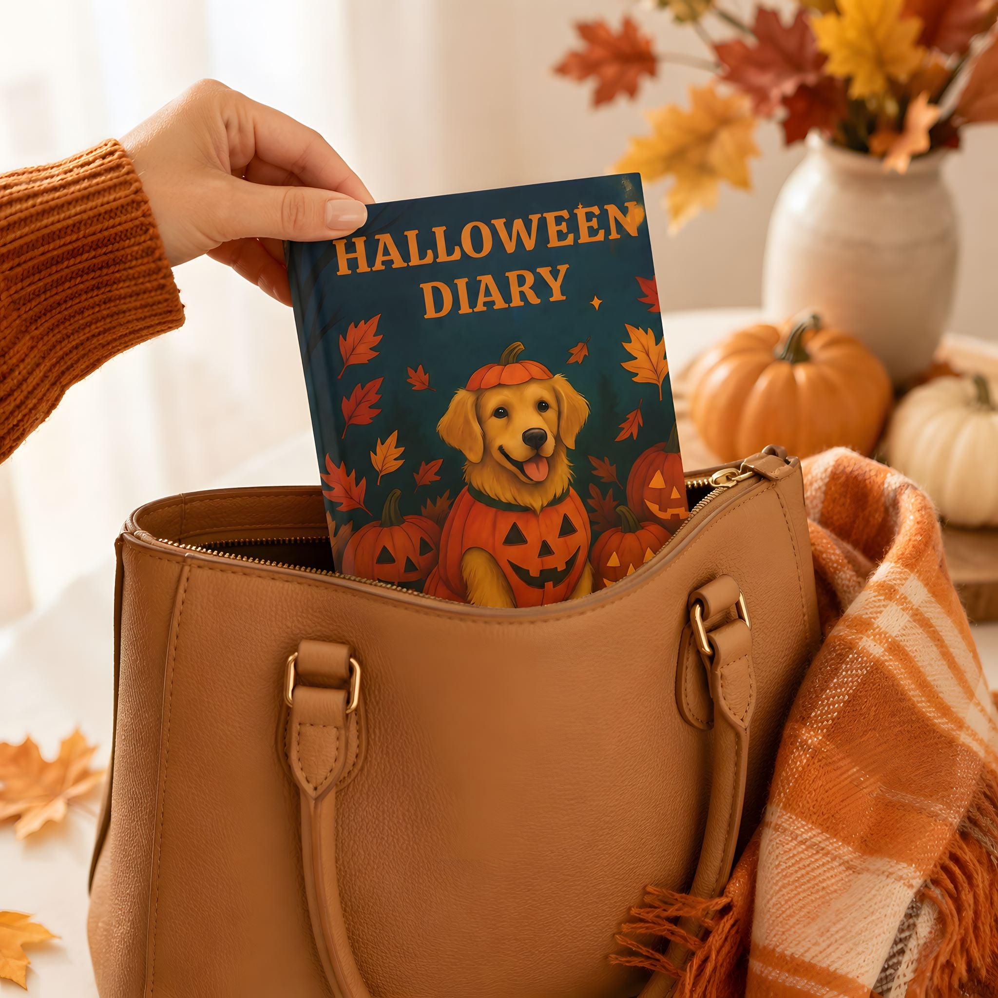 Woman placing Halloween dog journal into a handbag for easy carrying.