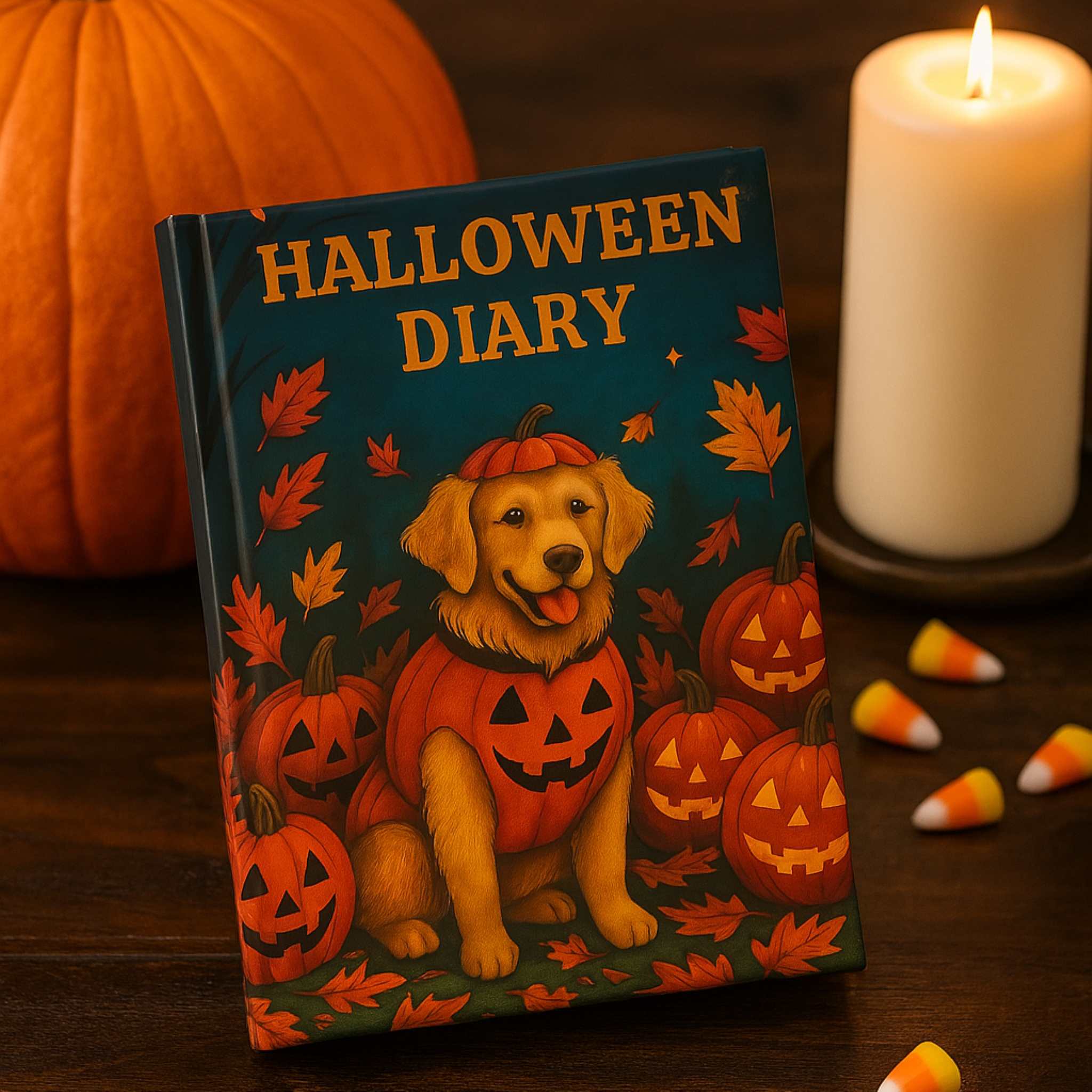Halloween dog lined journal styled with candlelight, pumpkins, and autumn leaves.