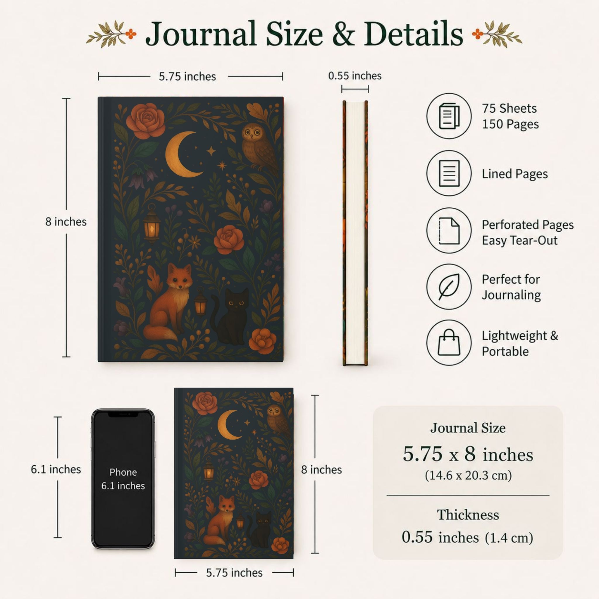 Whimsigoth Journal with decorative cover, dimensions, and features listed on a white background