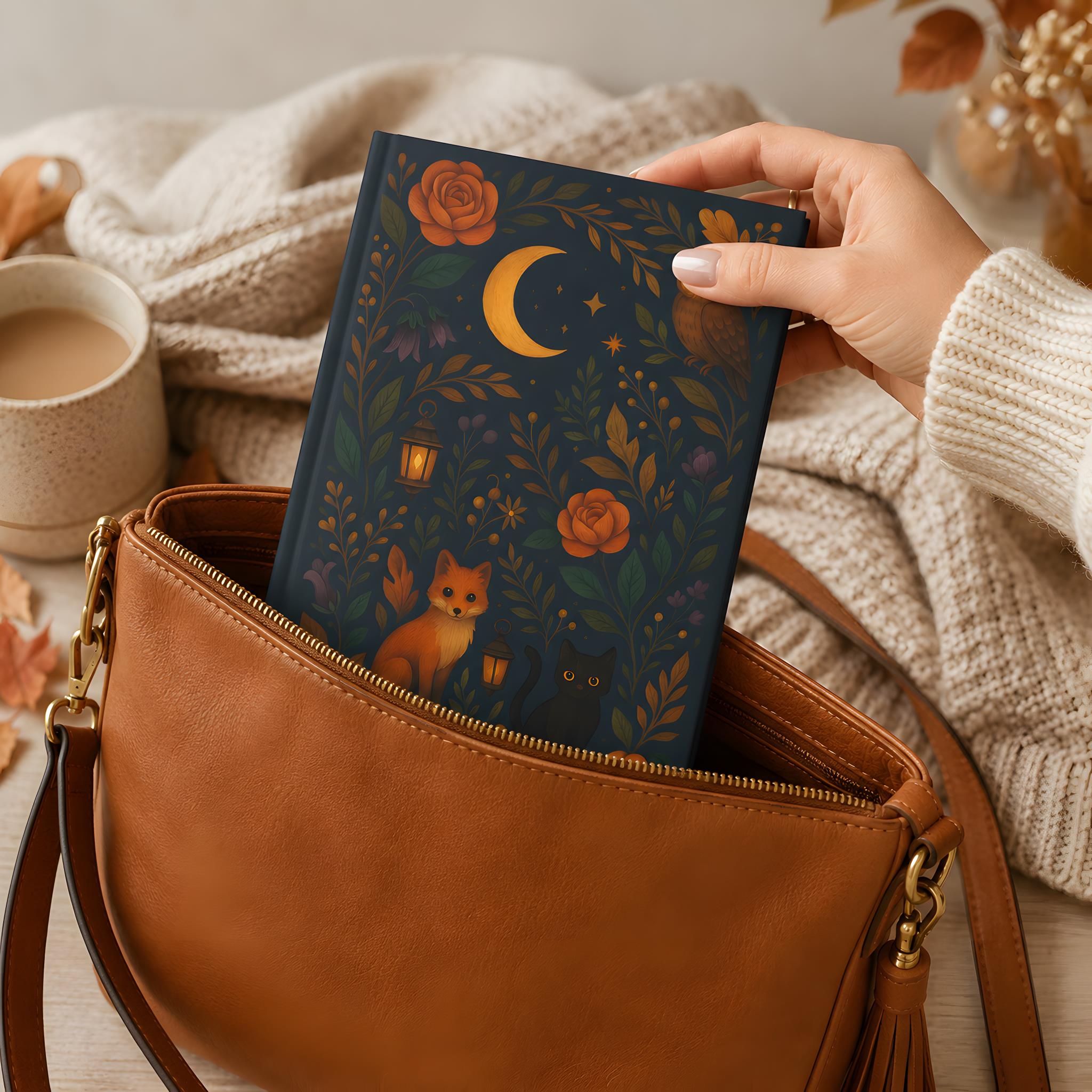 Hand holding a whimsigoth notebook with fox and moon design, placed inside an open brown leather handbag.