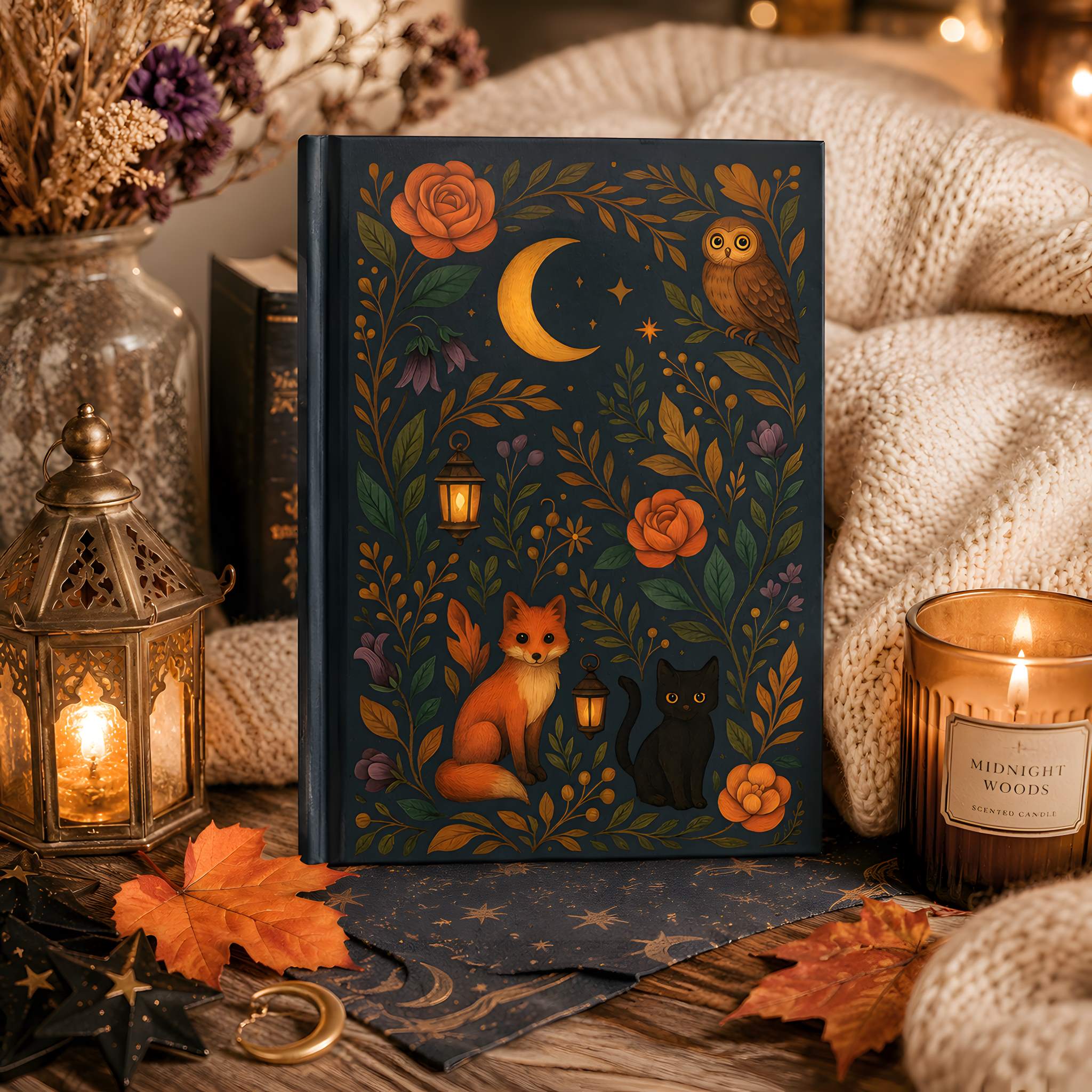 Whimsigoth notebook with nature-themed design featuring a fox, owl, and cat, surrounded by candles and autumn leaves.