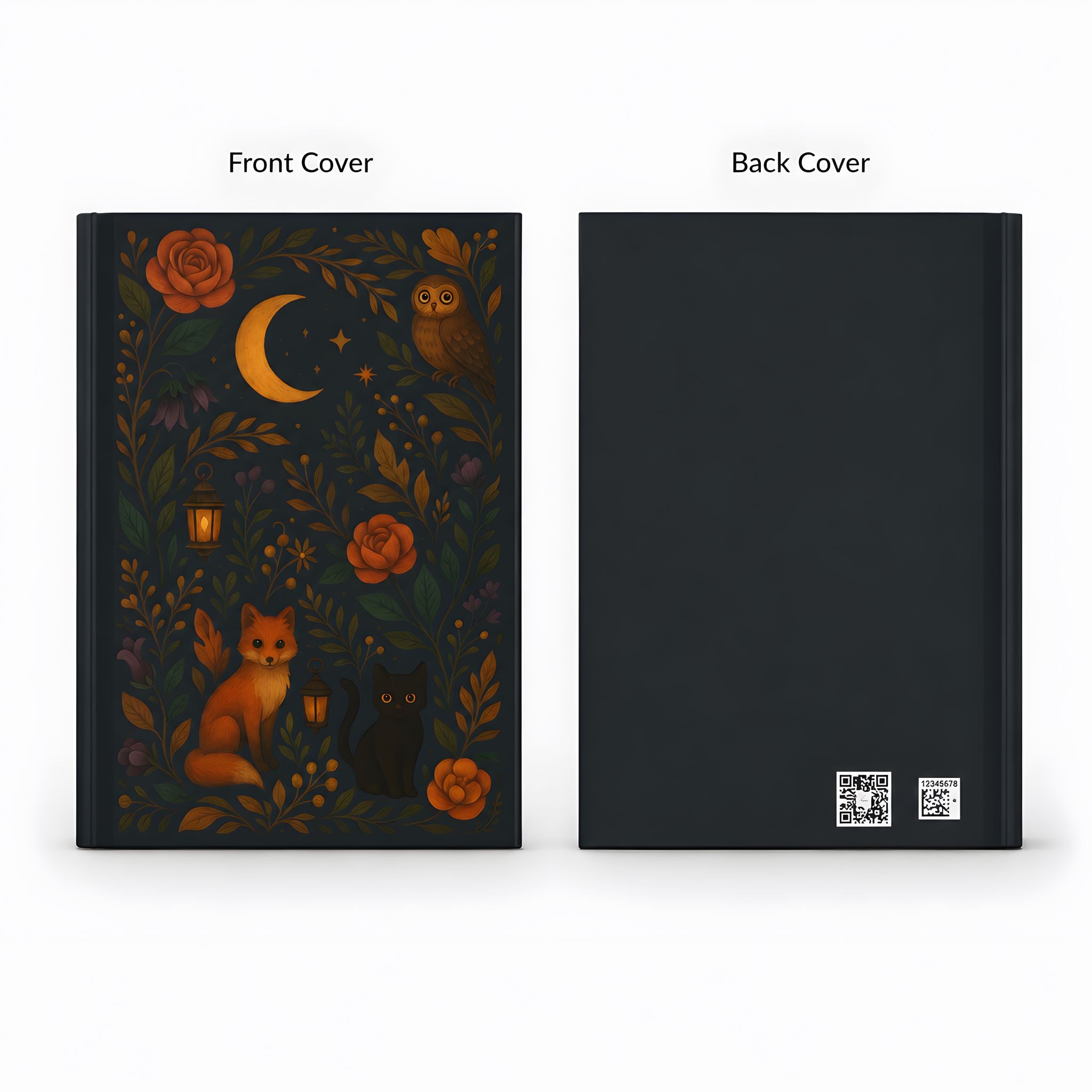Hardcover journal with front and back cover designs featuring whimsigoth animals and nature.
