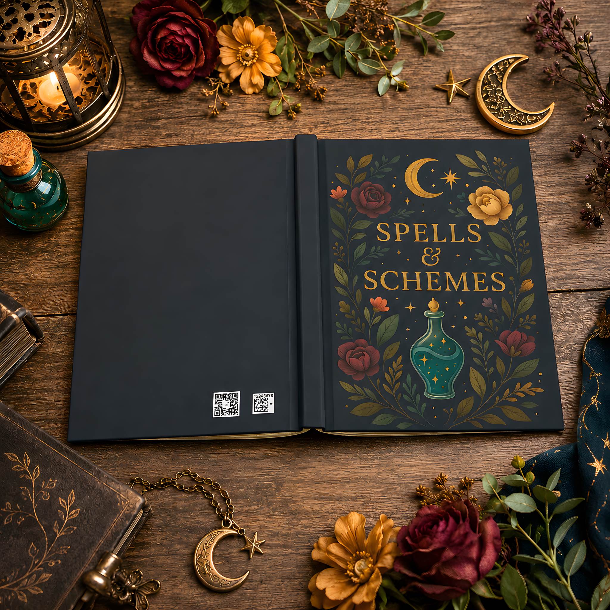 Open Witchy Whimsigoth hardcover journal styled 'Spells & Schemes' with dark back cover, candles, and florals