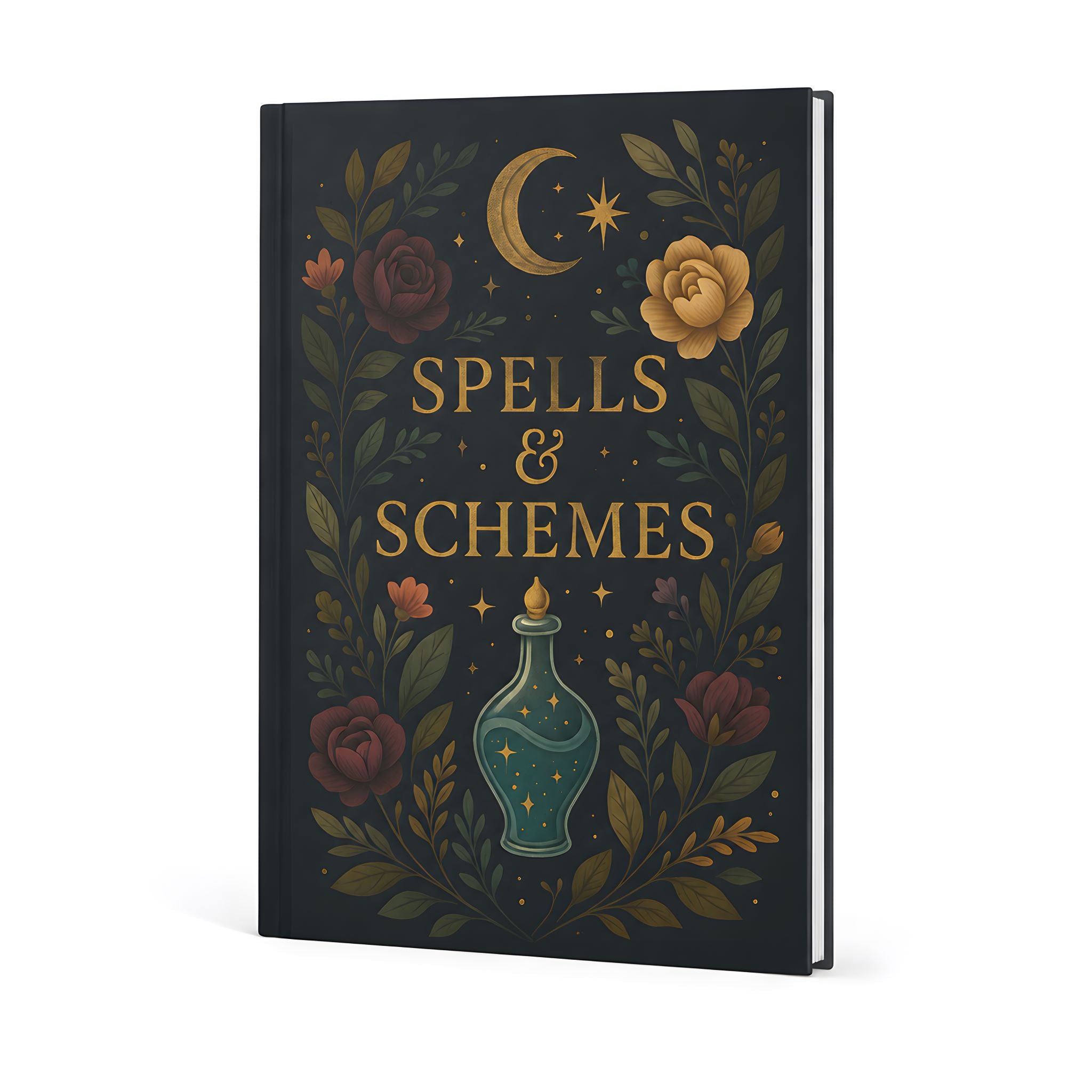 Witchy Whimsigoth hardcover journal with moon, potion bottle, stars, and dark florals.