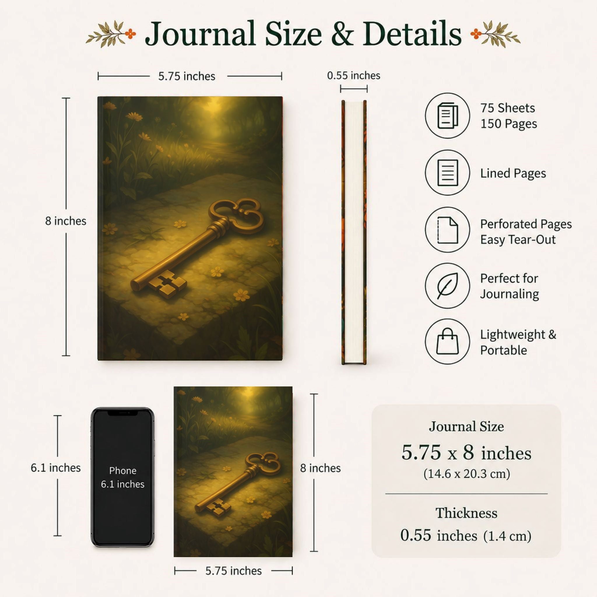 Cottage Key hardcover journal size and details with dimensions, weight, and features displayed.