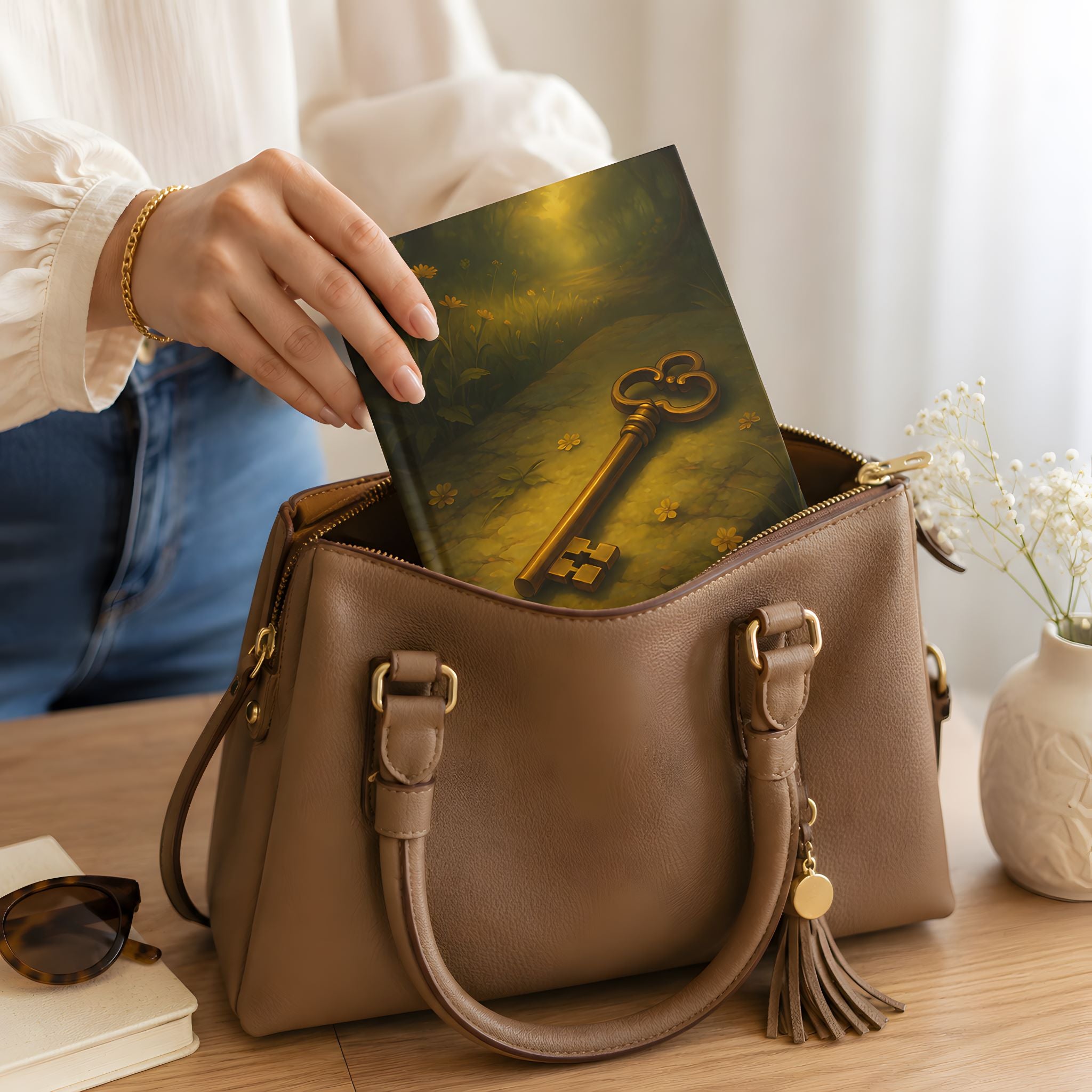Brown leather handbag with a secret key journal on a wooden surface.