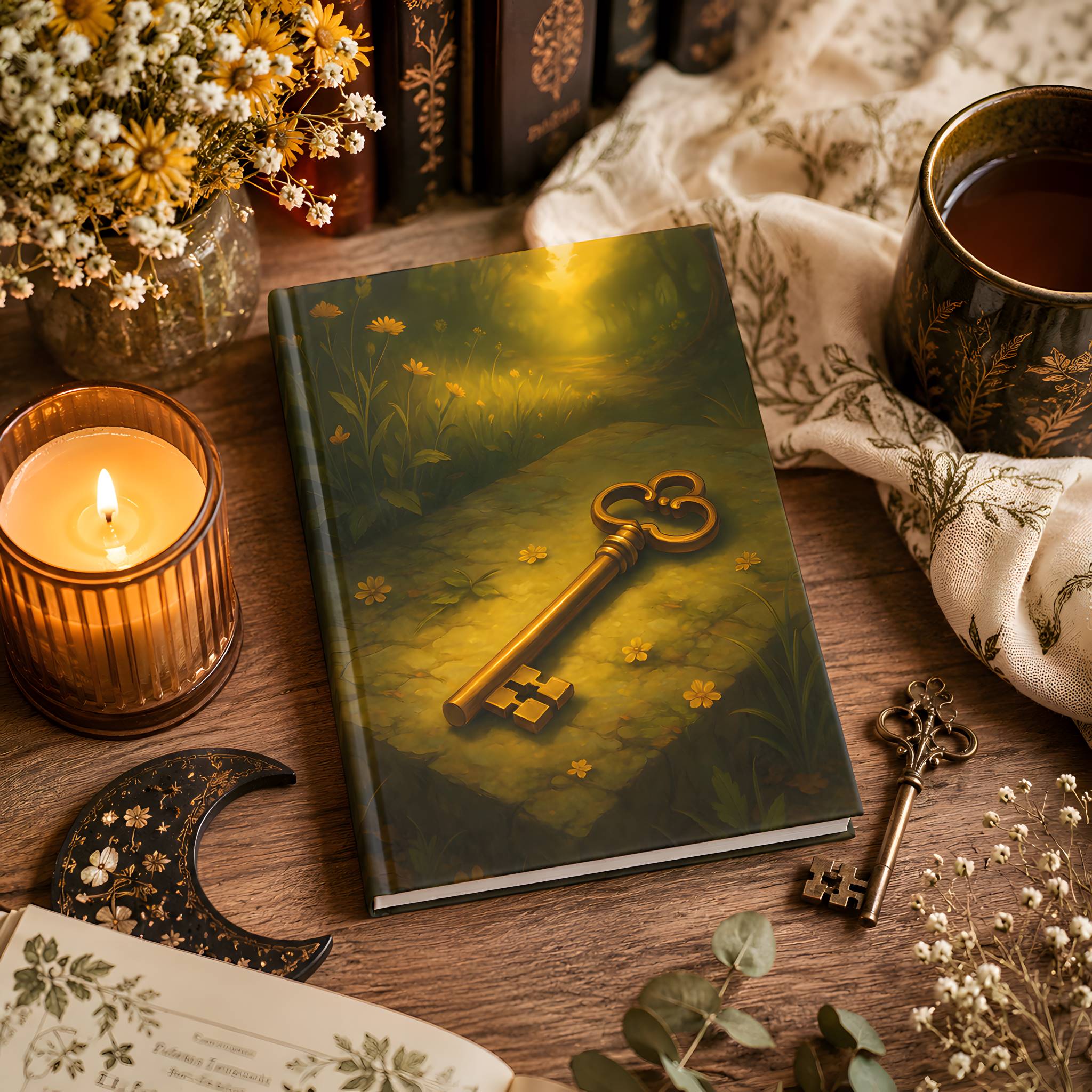 Cottage styled notebook with a secret key design on a wooden surface with a candle and flowers.