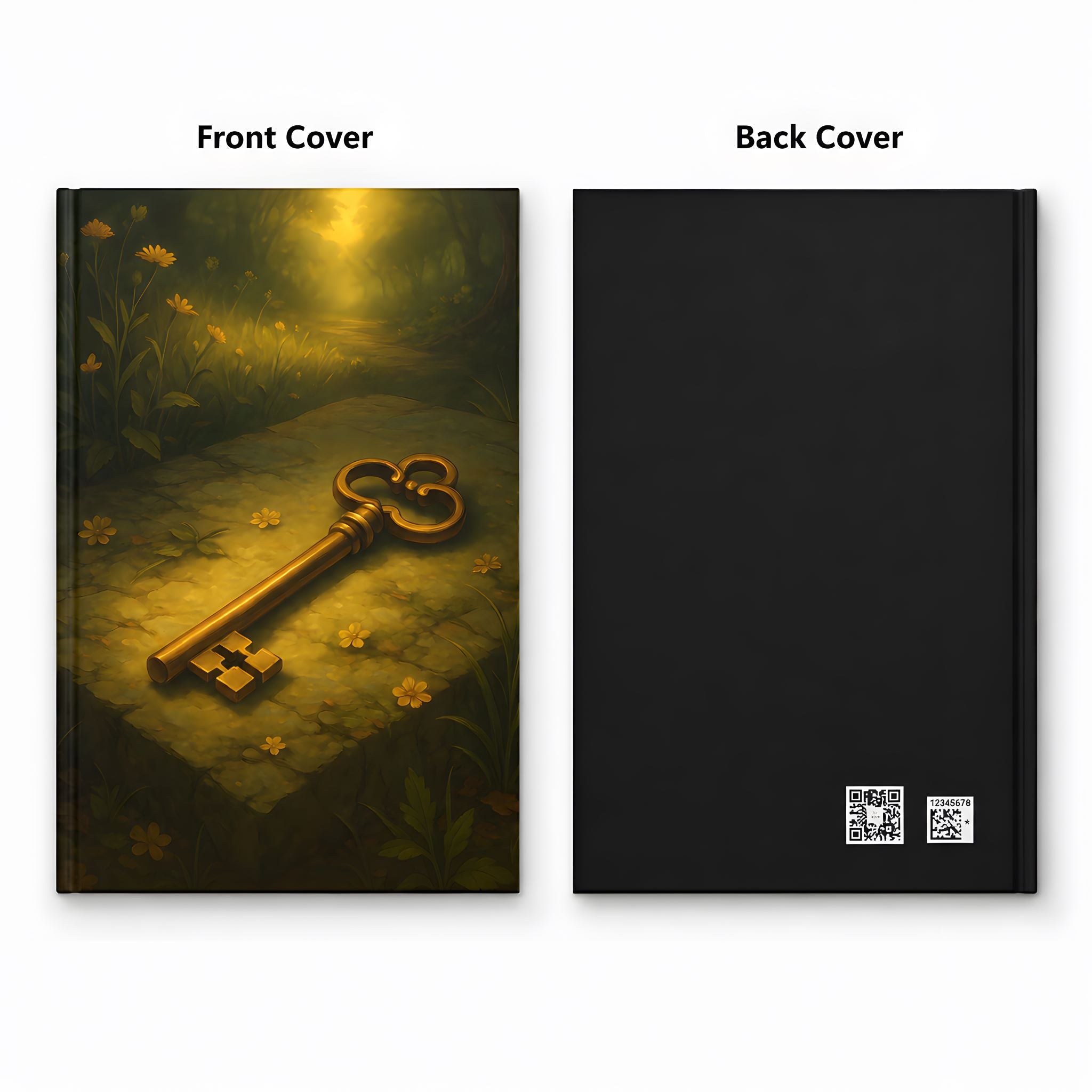 Cottage hardcover journal with a mysterious secret key and floral design on the front, black cover on the back
