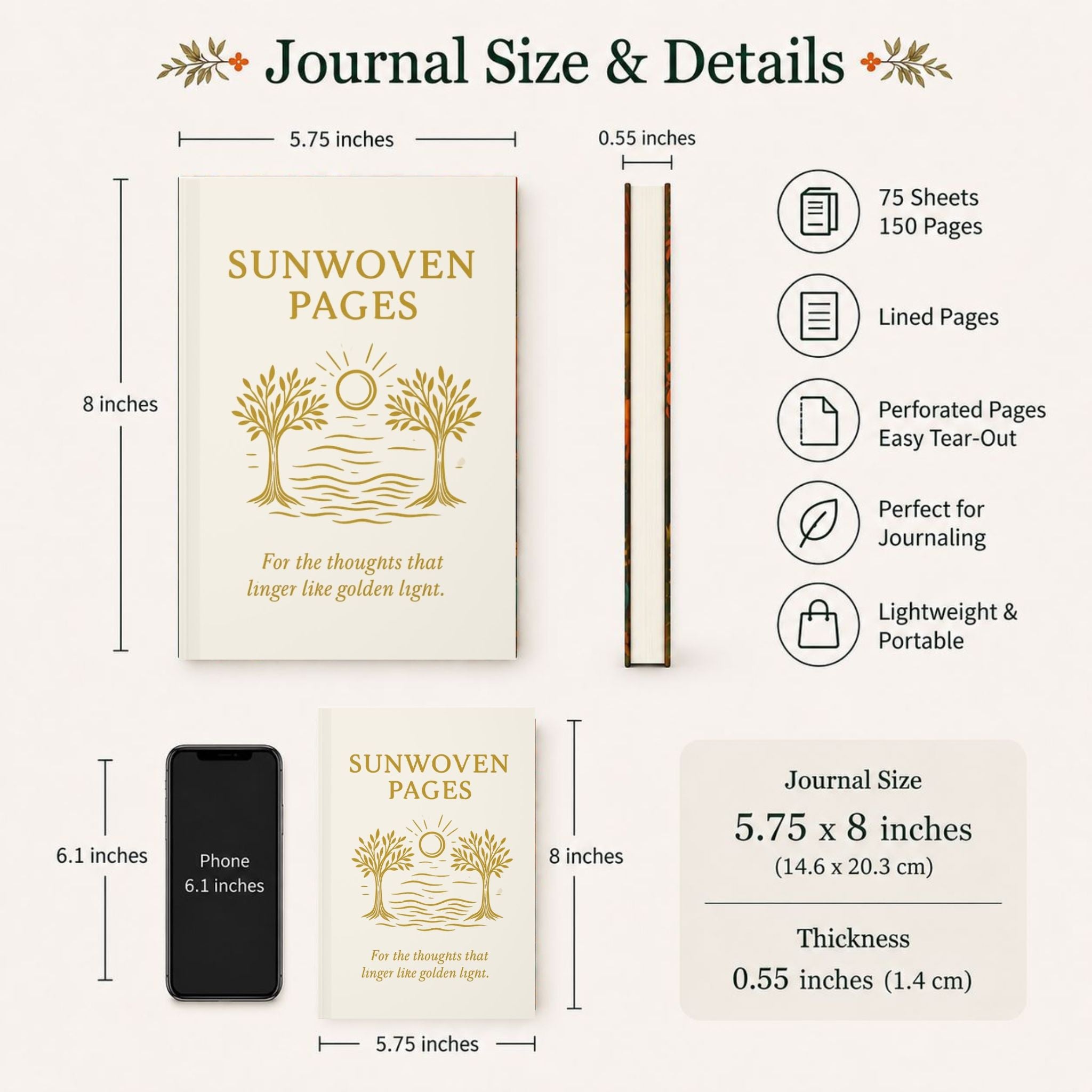 Coastal hardcover journal with dimensions, features, and comparison to a phone on a white background