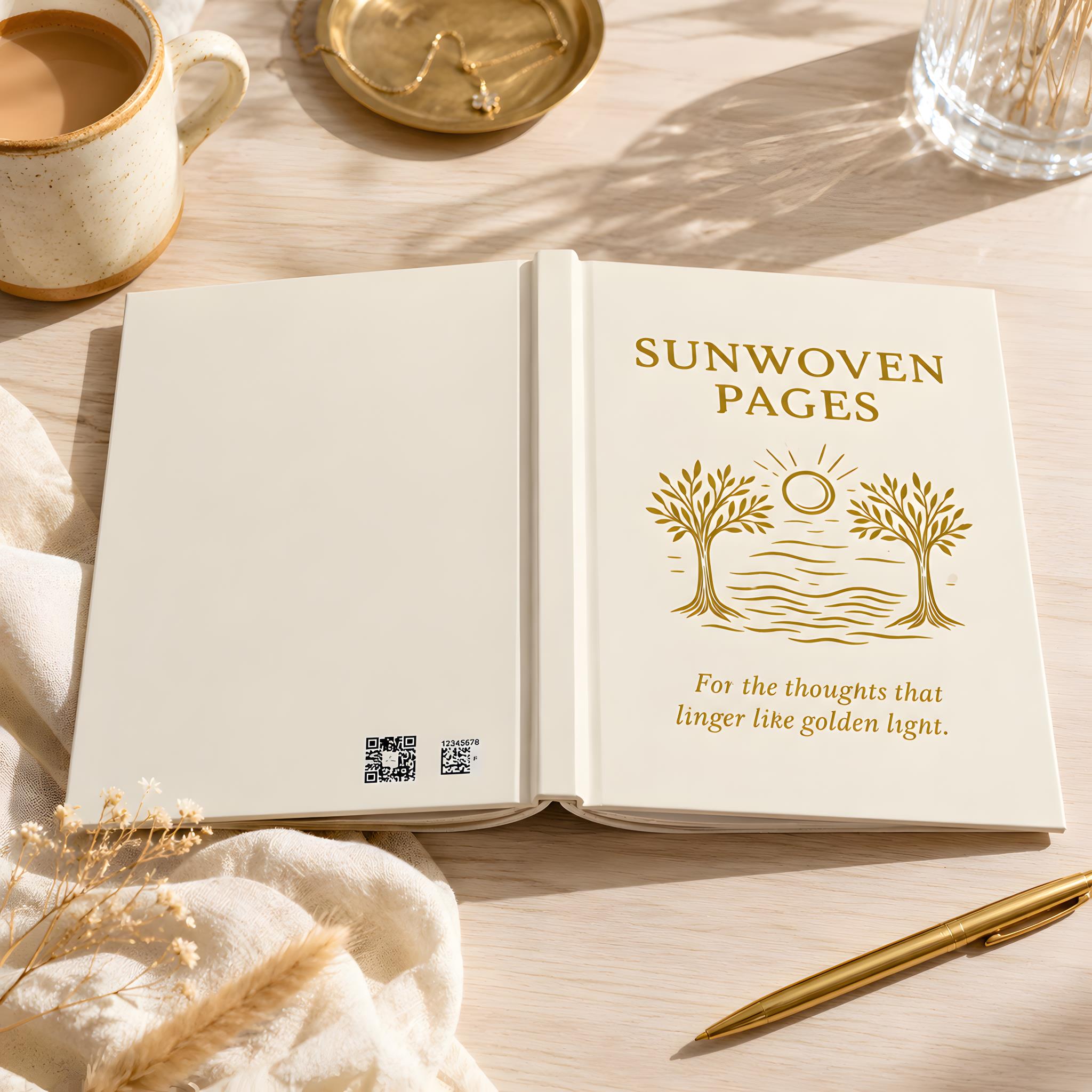 Gold sun hardcover journal styled with notebook, candle, and soft neutral decor