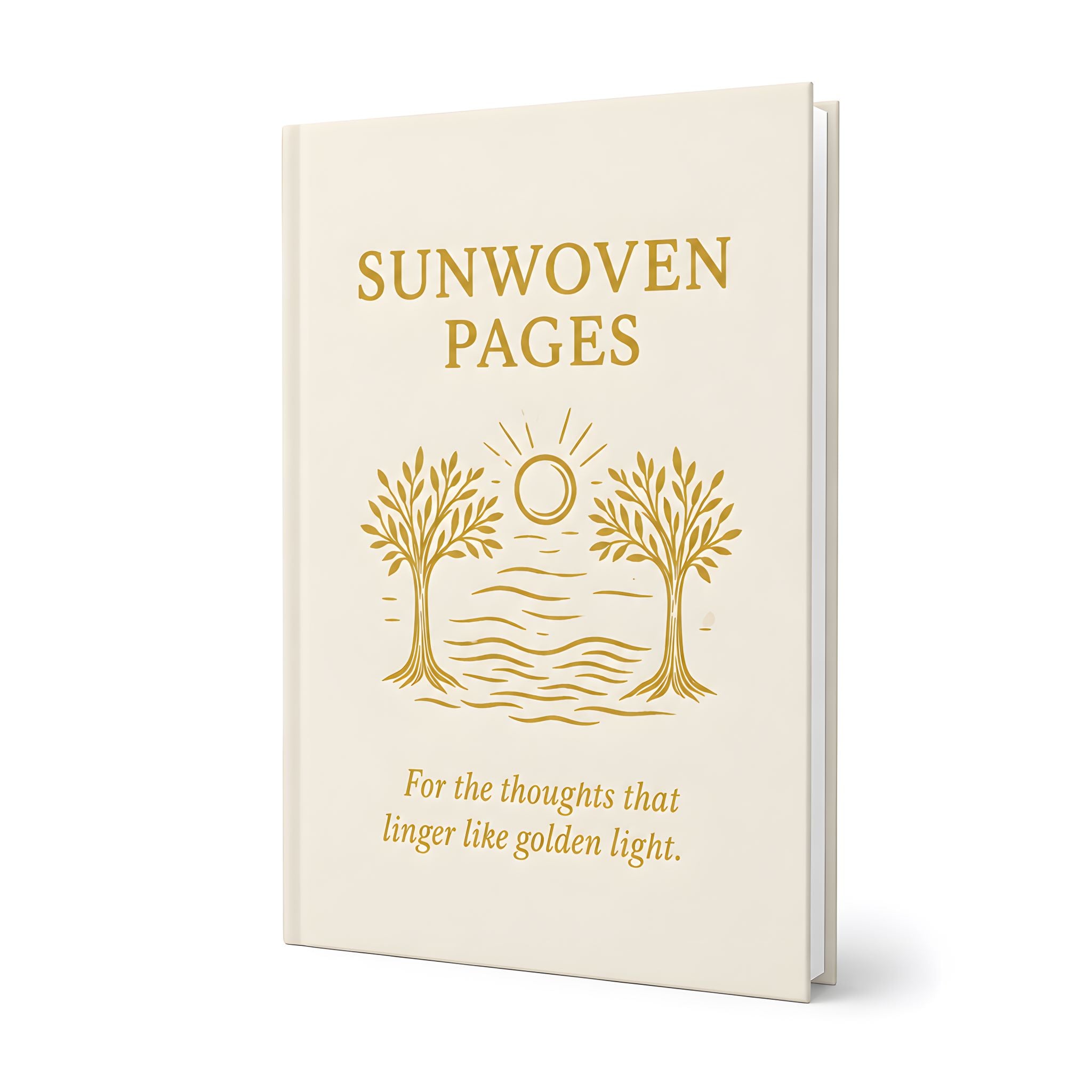 Sunwoven Pages gold sun hardcover journal with ivory cover and olive tree artwork.