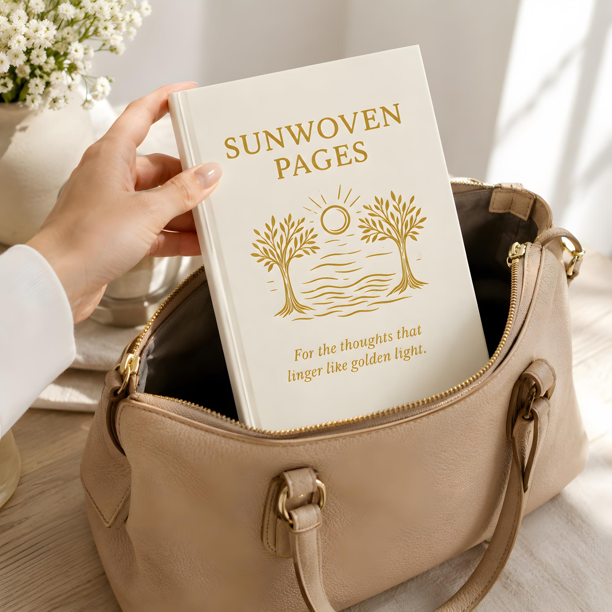 Woman placing a beachy hardcover journal into a handbag.