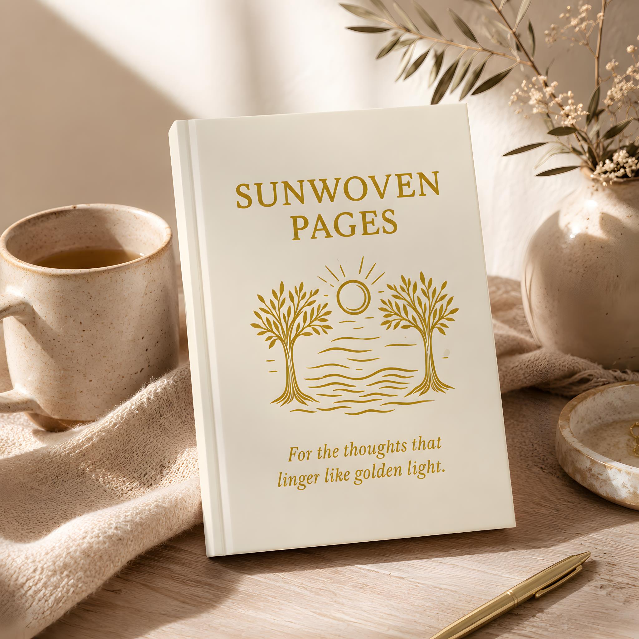 Sunwoven Pages journal styled with coffee, candle, and warm Mediterranean light.