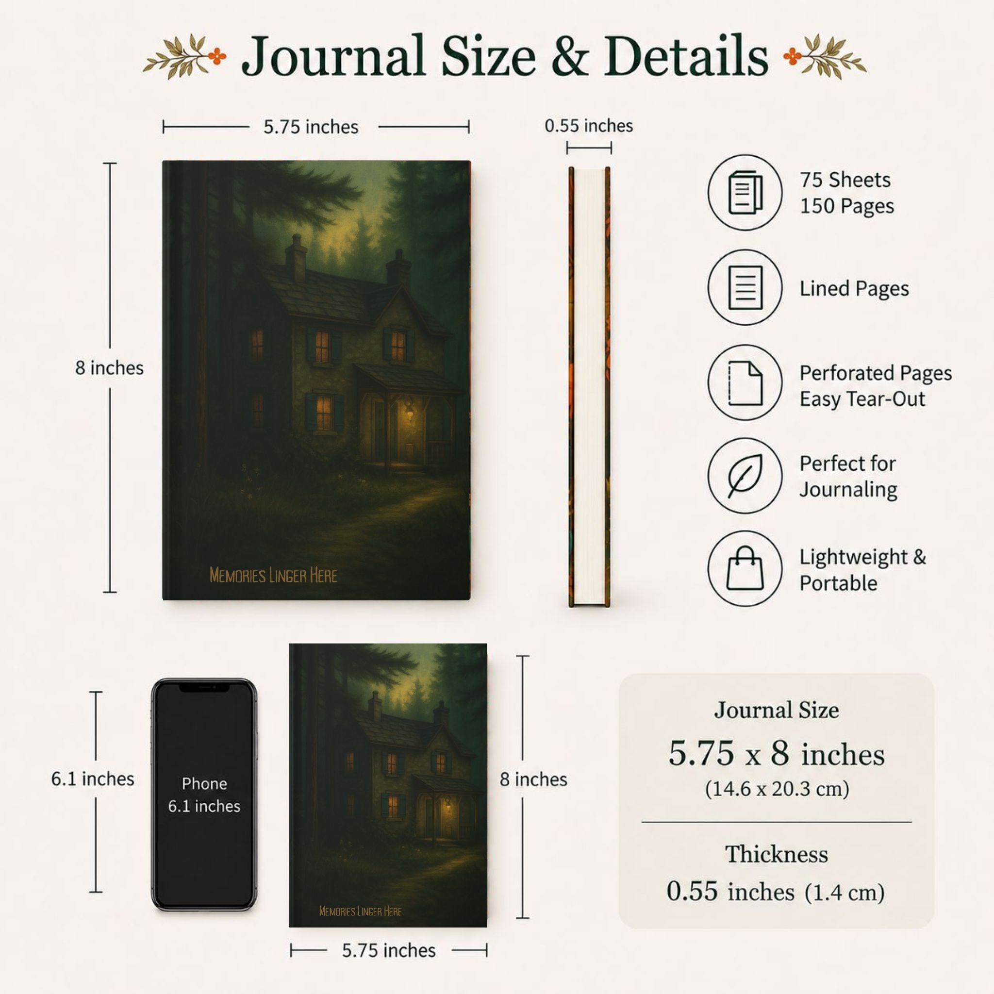 Memories Linger journal size guide showing 5.75 x 8 inch hardcover details.