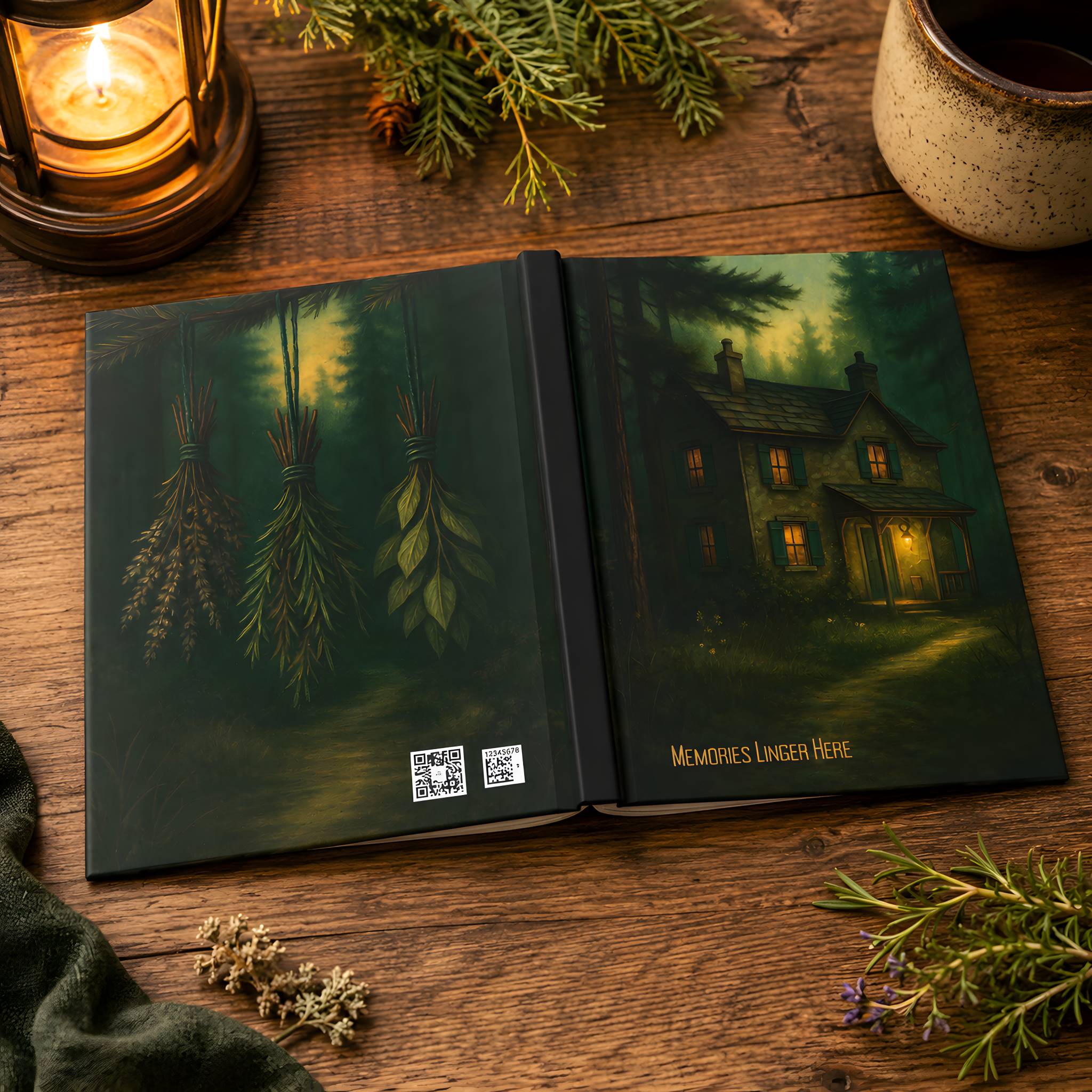Memories Linger hardcover journal styled with dark back cover, candlelight, and moody forest decor