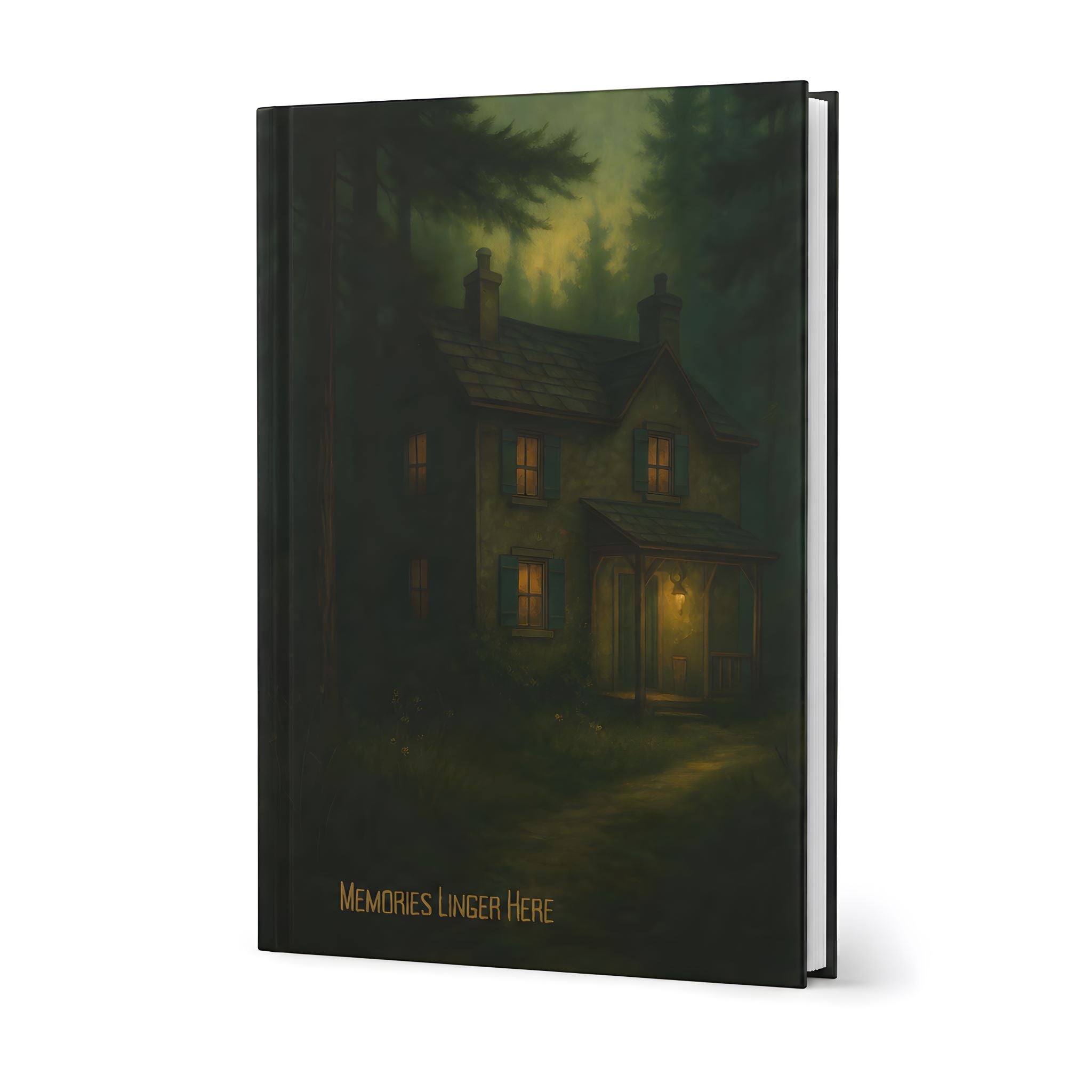 Dark cottage hardcover journal with glowing forest house artwork and Memories Linger title