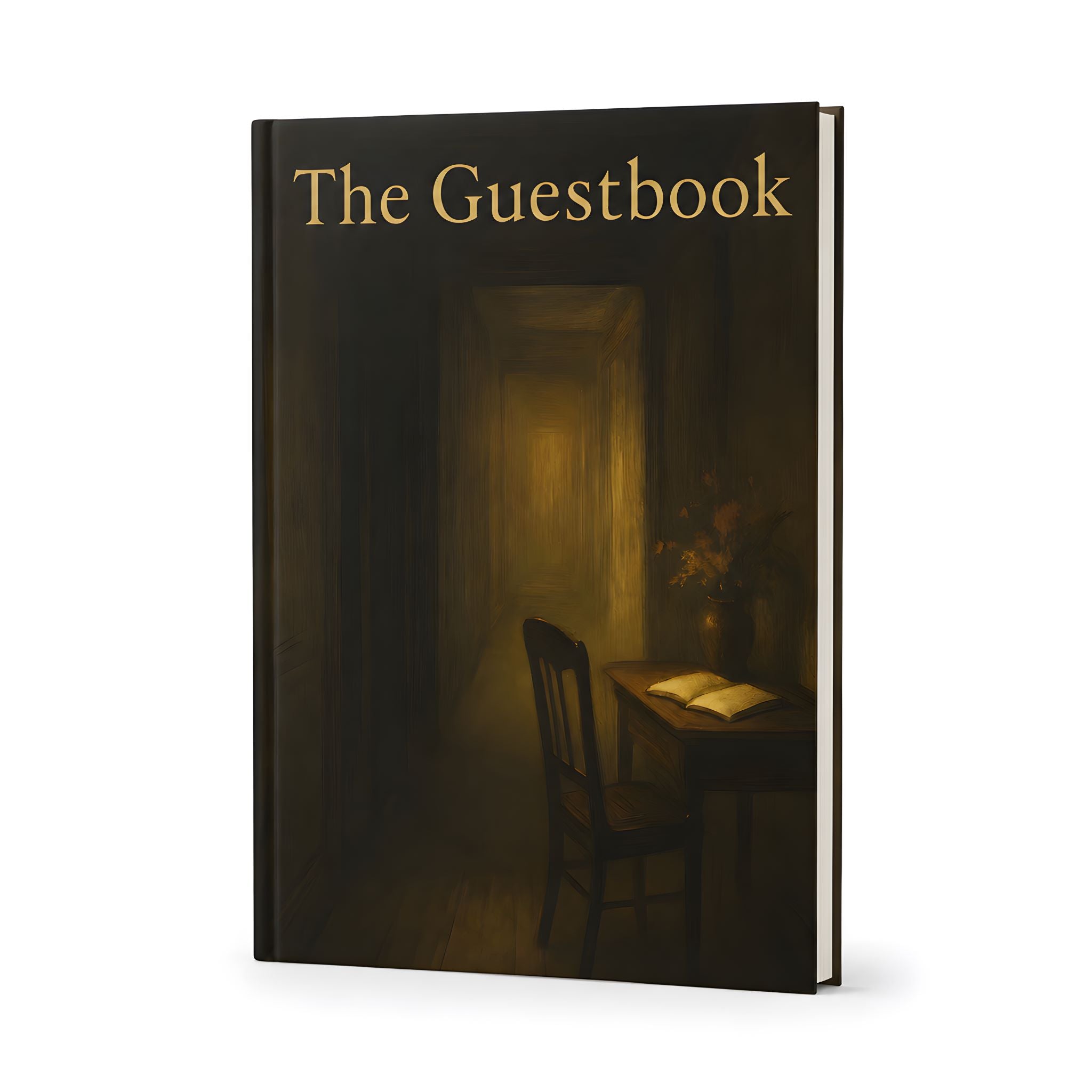 Dark academia hardcover journal with candlelit room, chair, open book, and The Guestbook title.