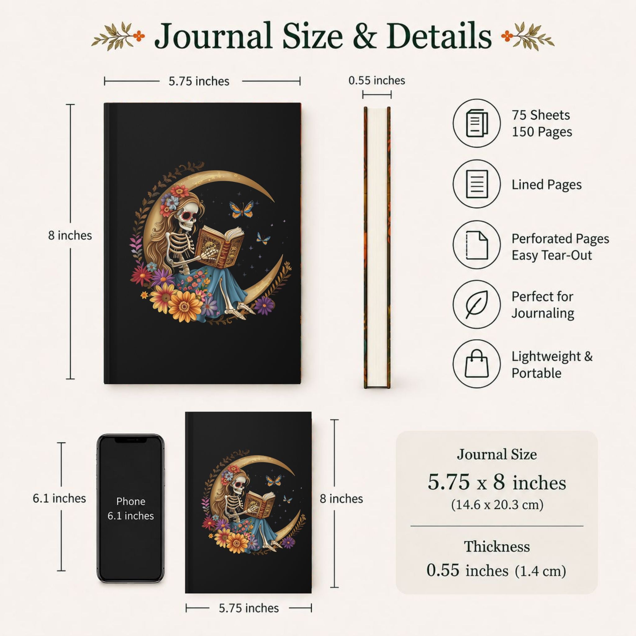 Whimsigoth Journal with skeleton design on a white background, showing size and features.