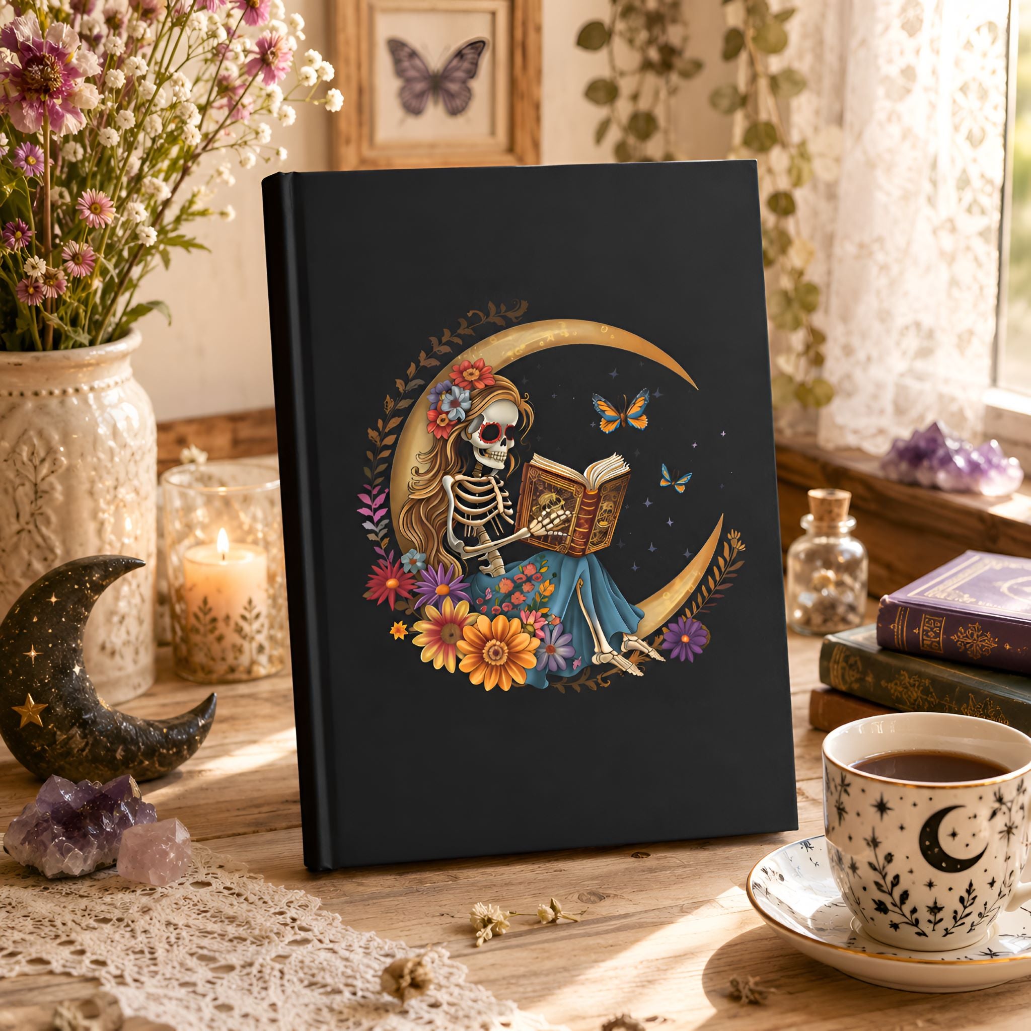 Whimsigoth notebook with a skeleton reading a book design on a table with a cup of coffee and flowers.