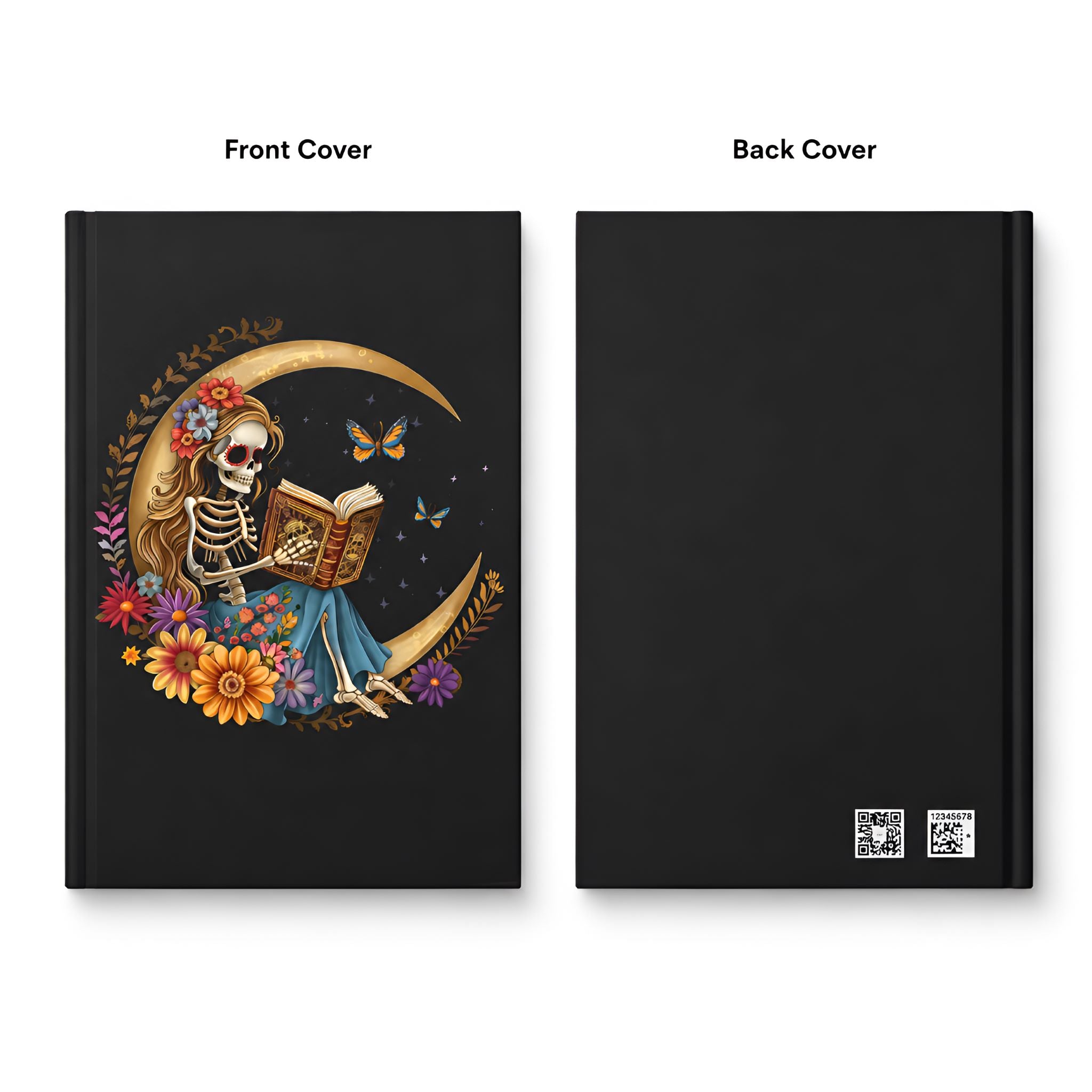 Skeleton woman sitting on a crescent moon design on the front hardcover journal, with a black back.