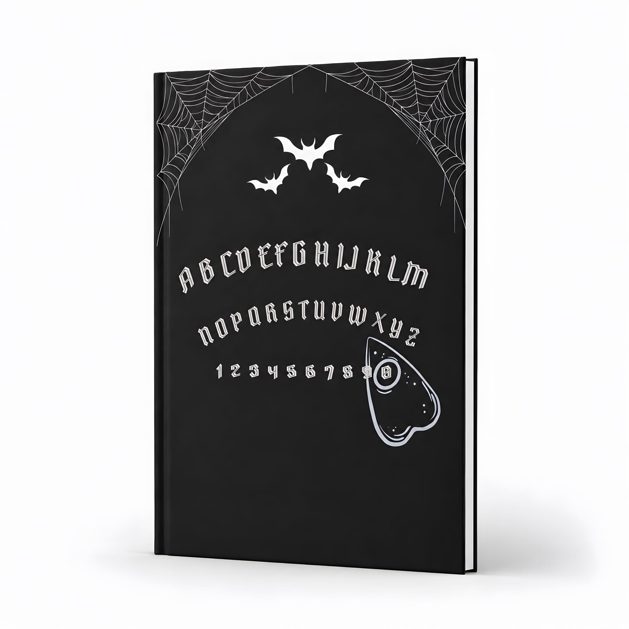 Ouija board hardcover notebook with white symbols and text on a white background