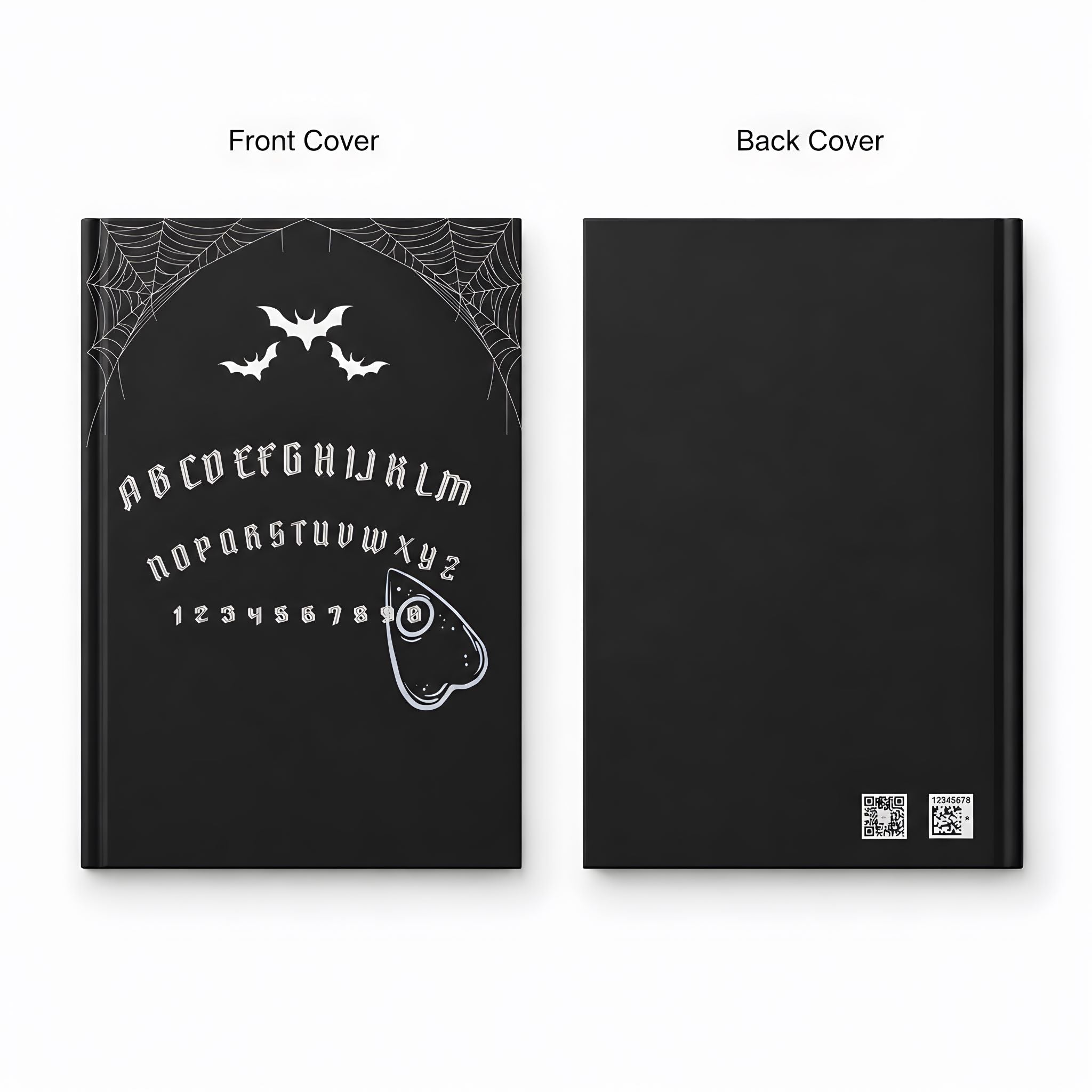 Front and back view of hardcover journal with a spirit board design on front.