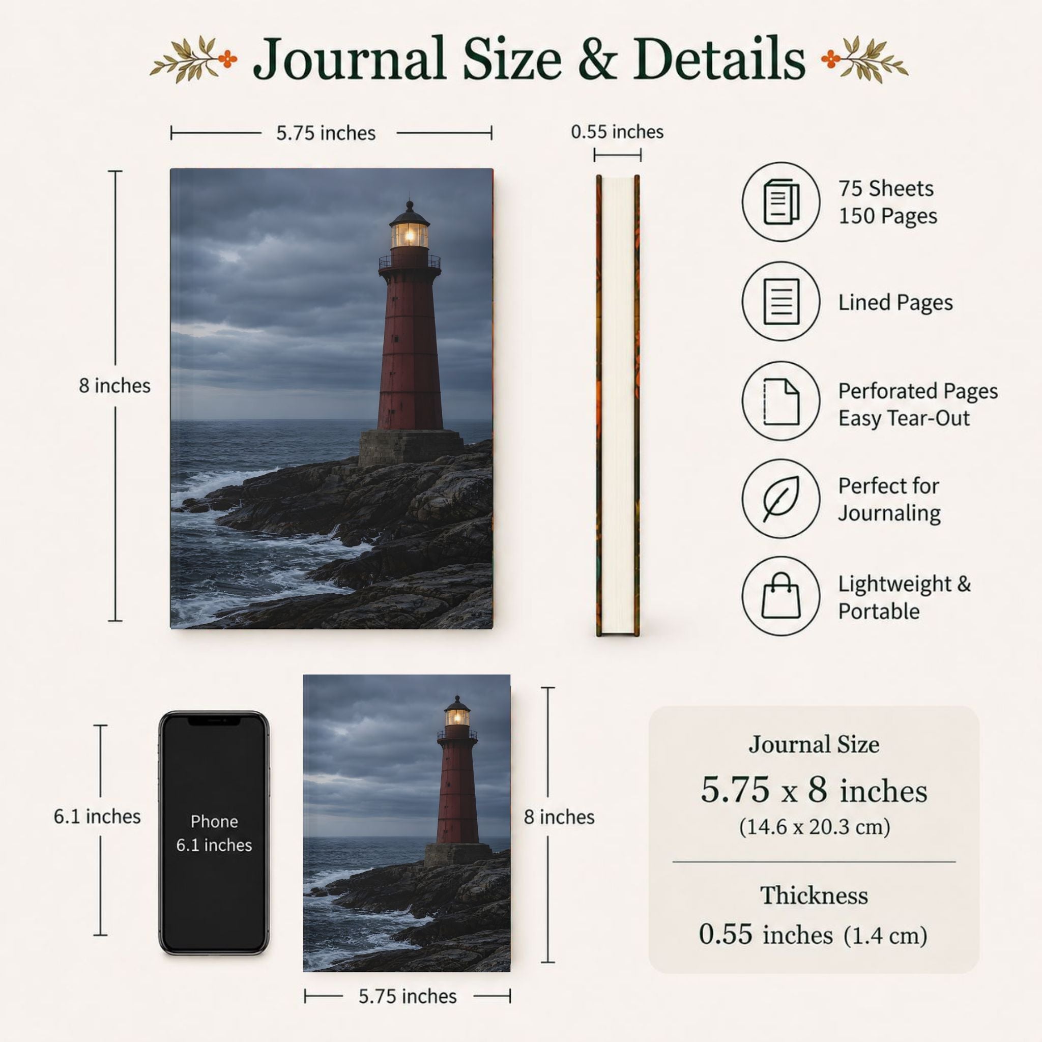 Gothic Journal size and details with a lighthouse illustration and measurements.