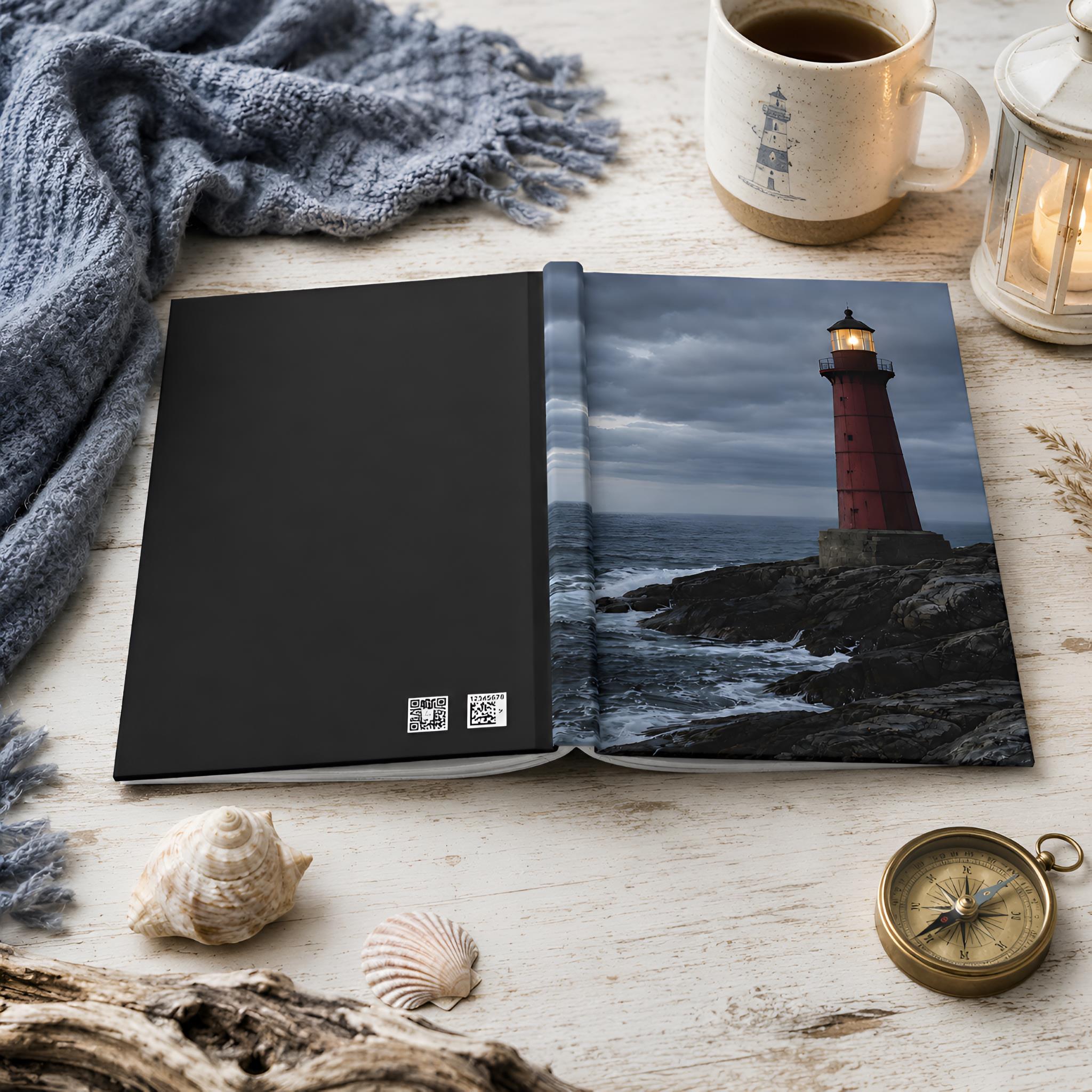 Open notebook with a moody 
 lighthouse at the beach on a wooden surface with a mug, lantern, and shells.