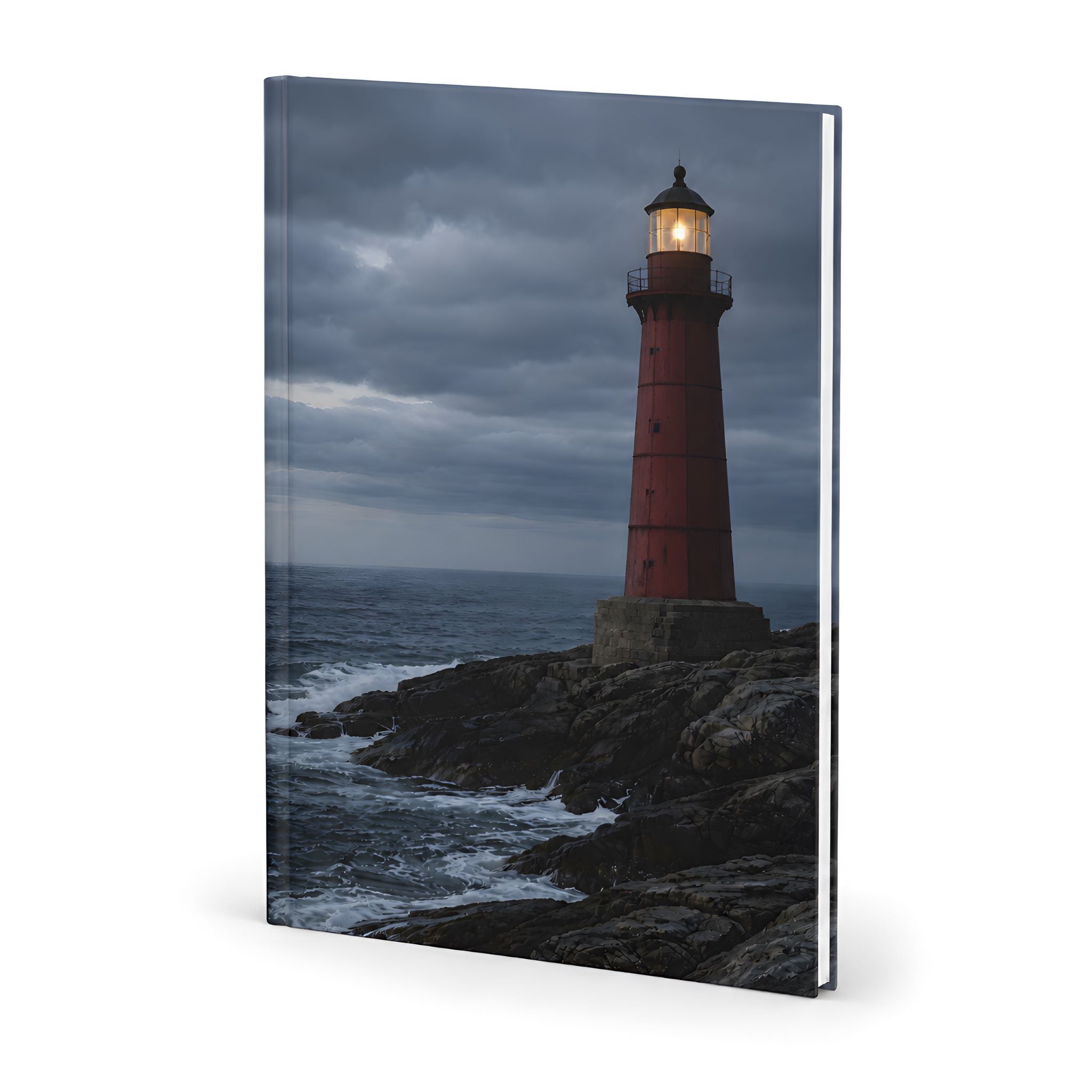 Moody coastal lighthouse design on a dark background