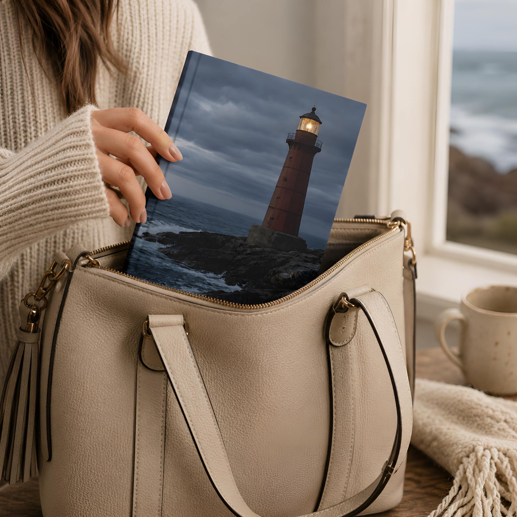 Person holding a hardcover journal with a lighthouse inside a beige handbag by a window with a view of water.