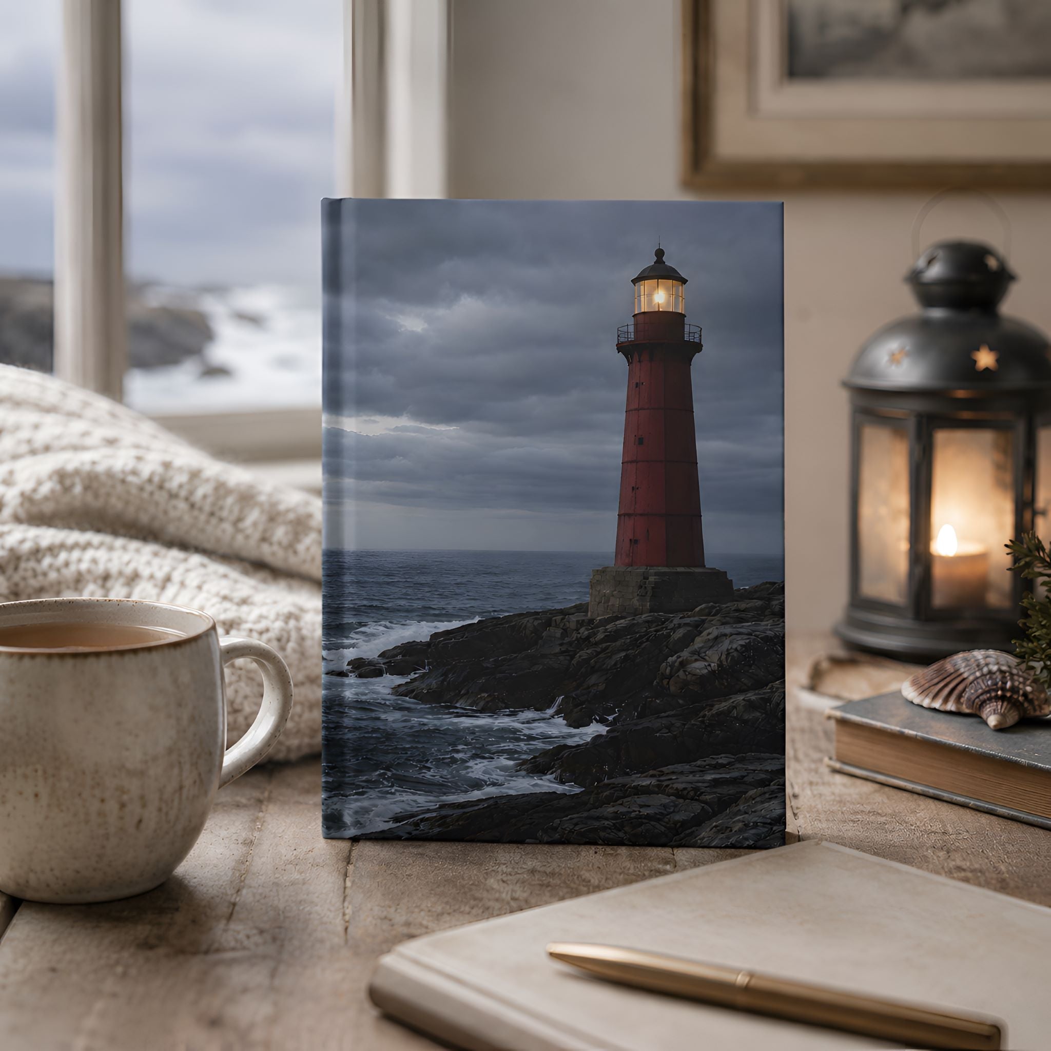 Hardcover journal with a coastal  lighthouse cover on a table next to a mug and pen