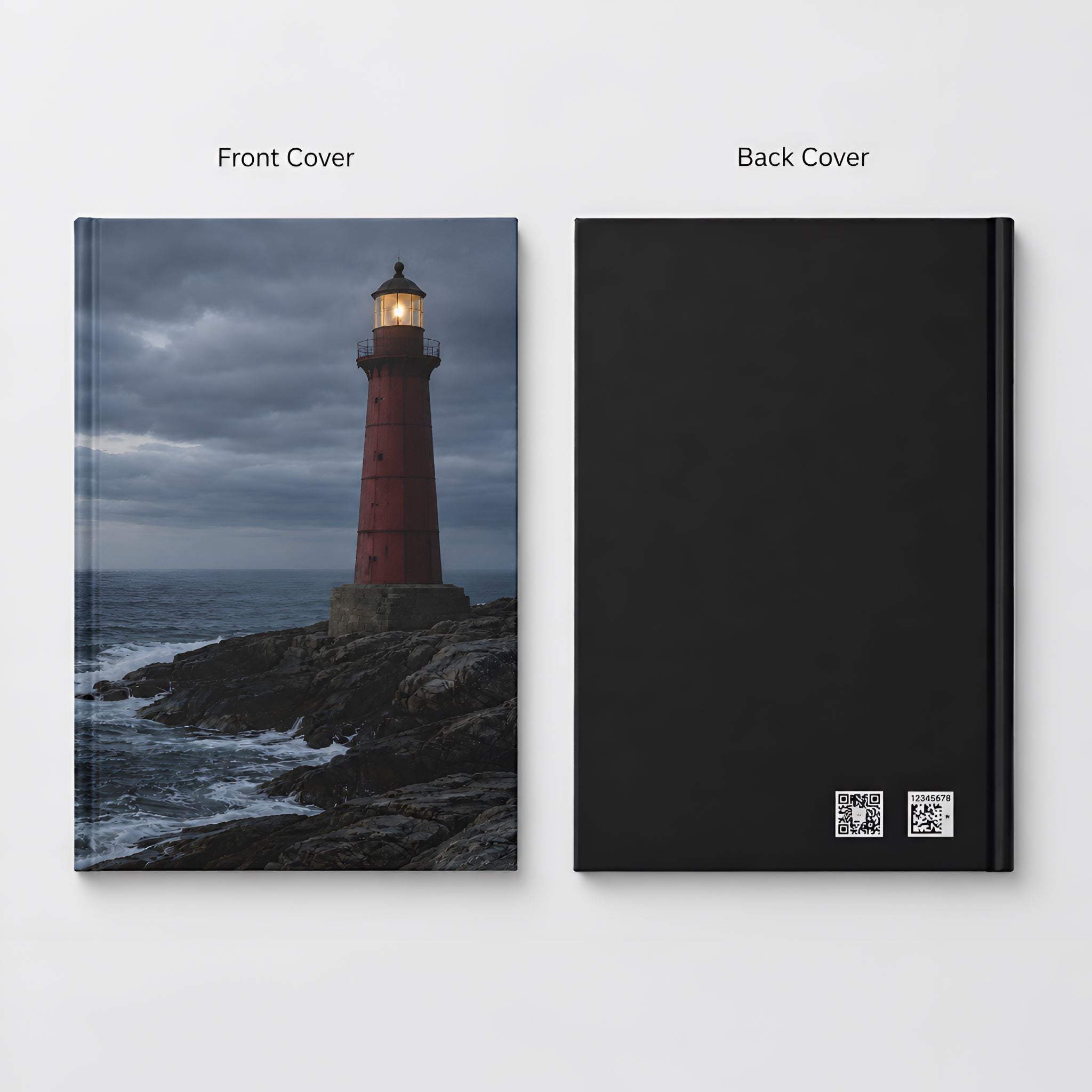 Front cover and back cover of a hardcover journal showing a red lighthouse on the coastline.