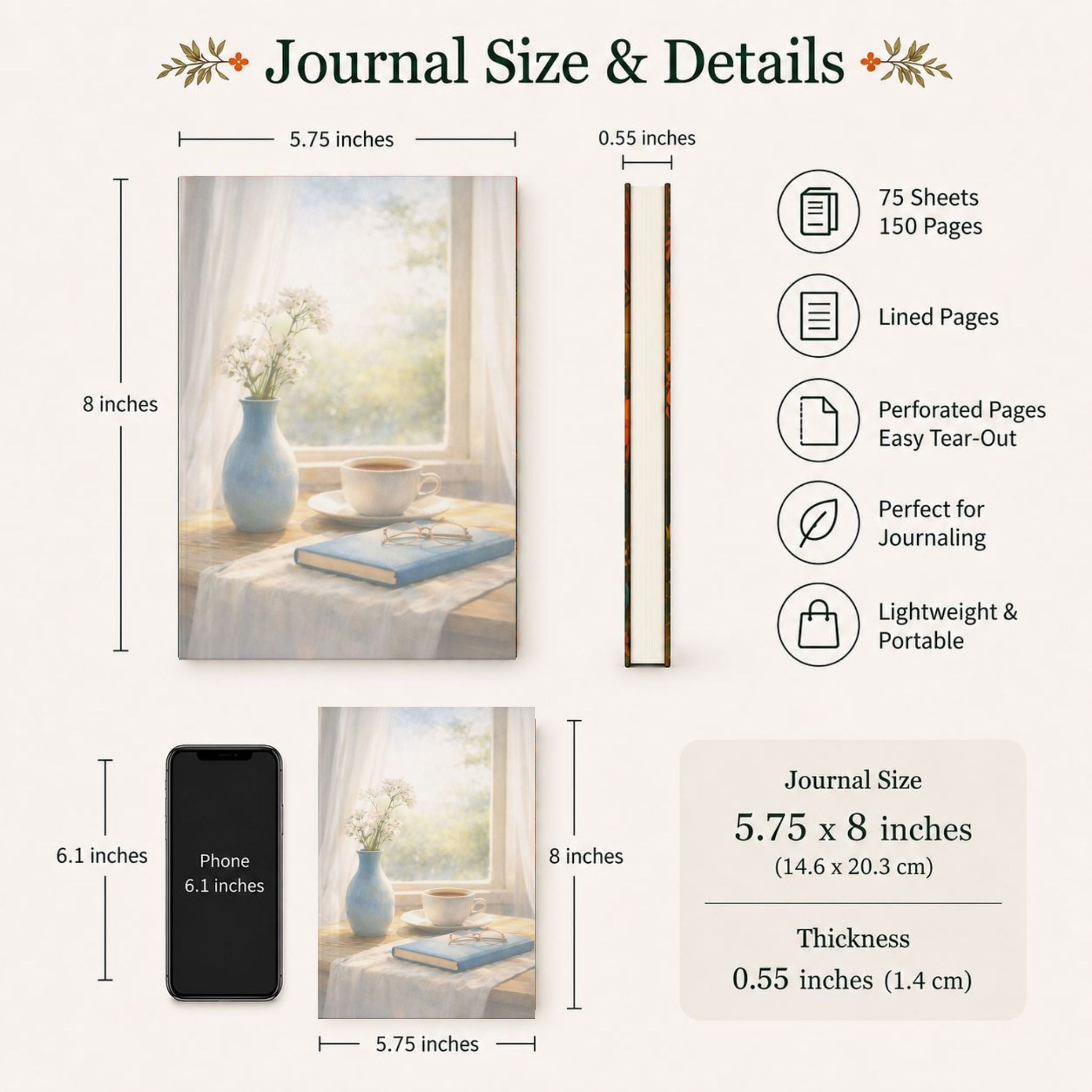Spa Journal size and details with measurements and features listed.
