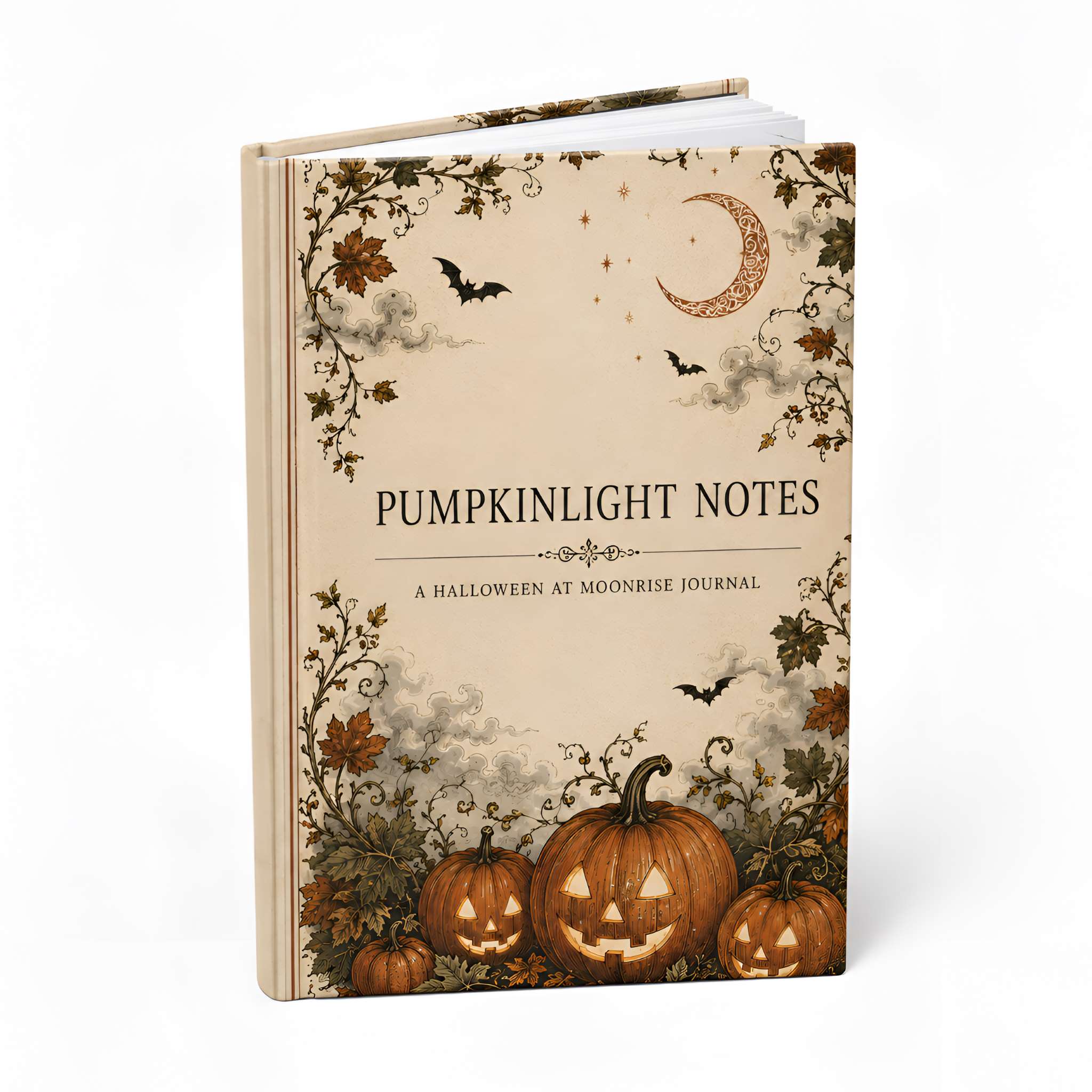 A hardcover journal titled 'Pumpkinlight Notes: A Halloween at Moonrise Journal' featuring a vintage-style autumn illustration with pumpkins, bats, a crescent moon, and foliage on a cream cover, shown on a white background.