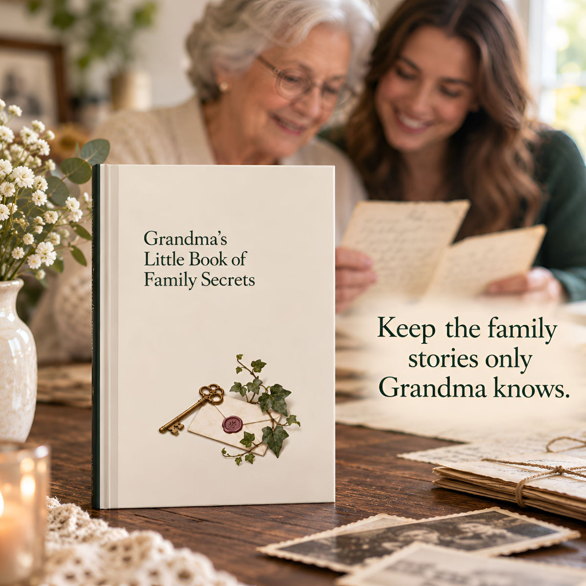 A cream-colored hardcover book titled 'Grandma's Little Book of Family Secrets' stands on a wooden table in a cozy indoor setting, with an elderly woman and a younger woman smiling in the background while reading handwritten letters. The book is decorated with a vintage key, envelope, and small green sprig.