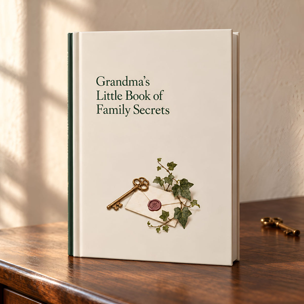 A hardcover journal titled "Grandma's Little Book of Family Secrets" stands open on a wooden table in warm natural light. The cream-colored cover features dark green text and an illustration of an antique key, a wax seal, and green ivy leaves.