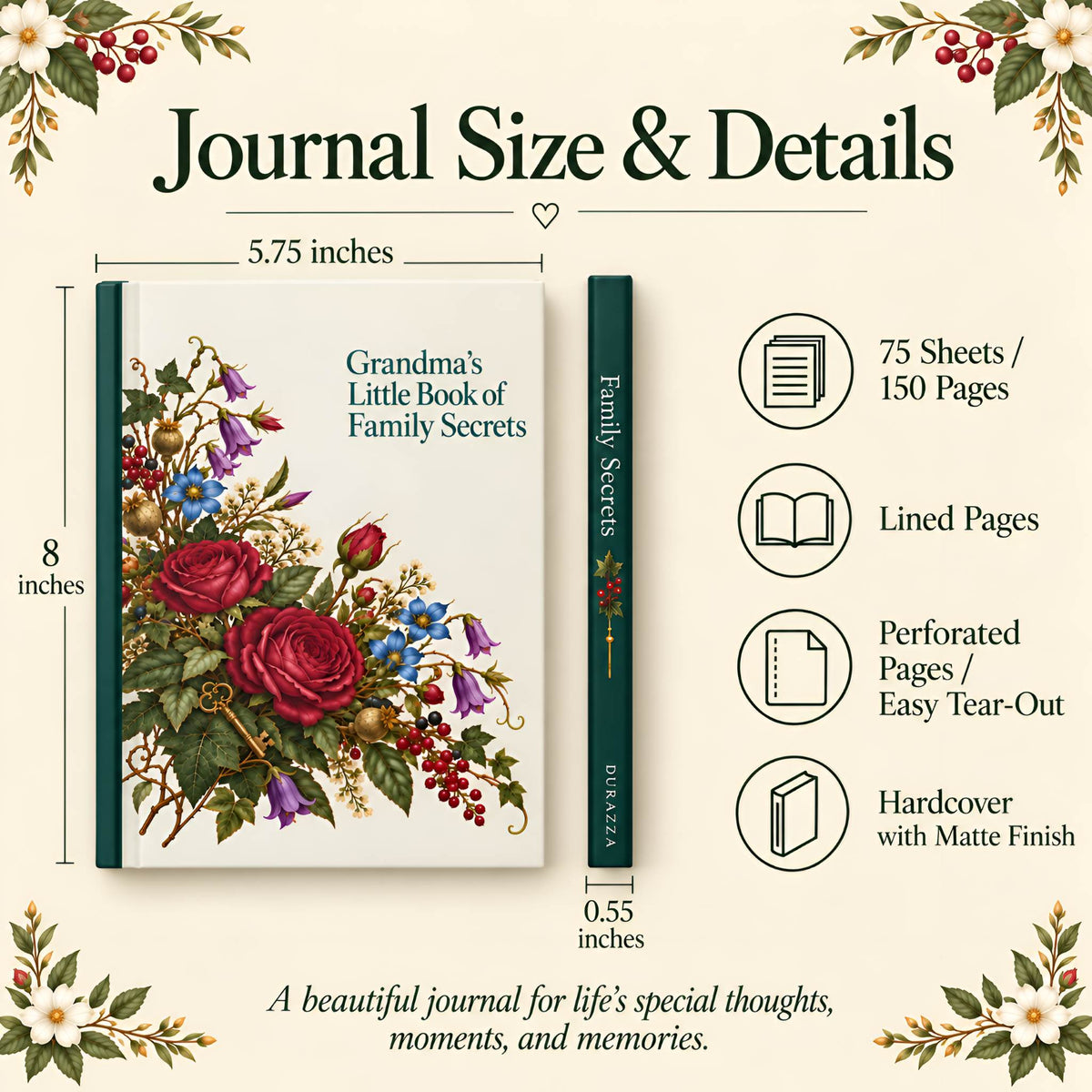 Rose Floral Hardcover Journal for Grandma | Family Secrets