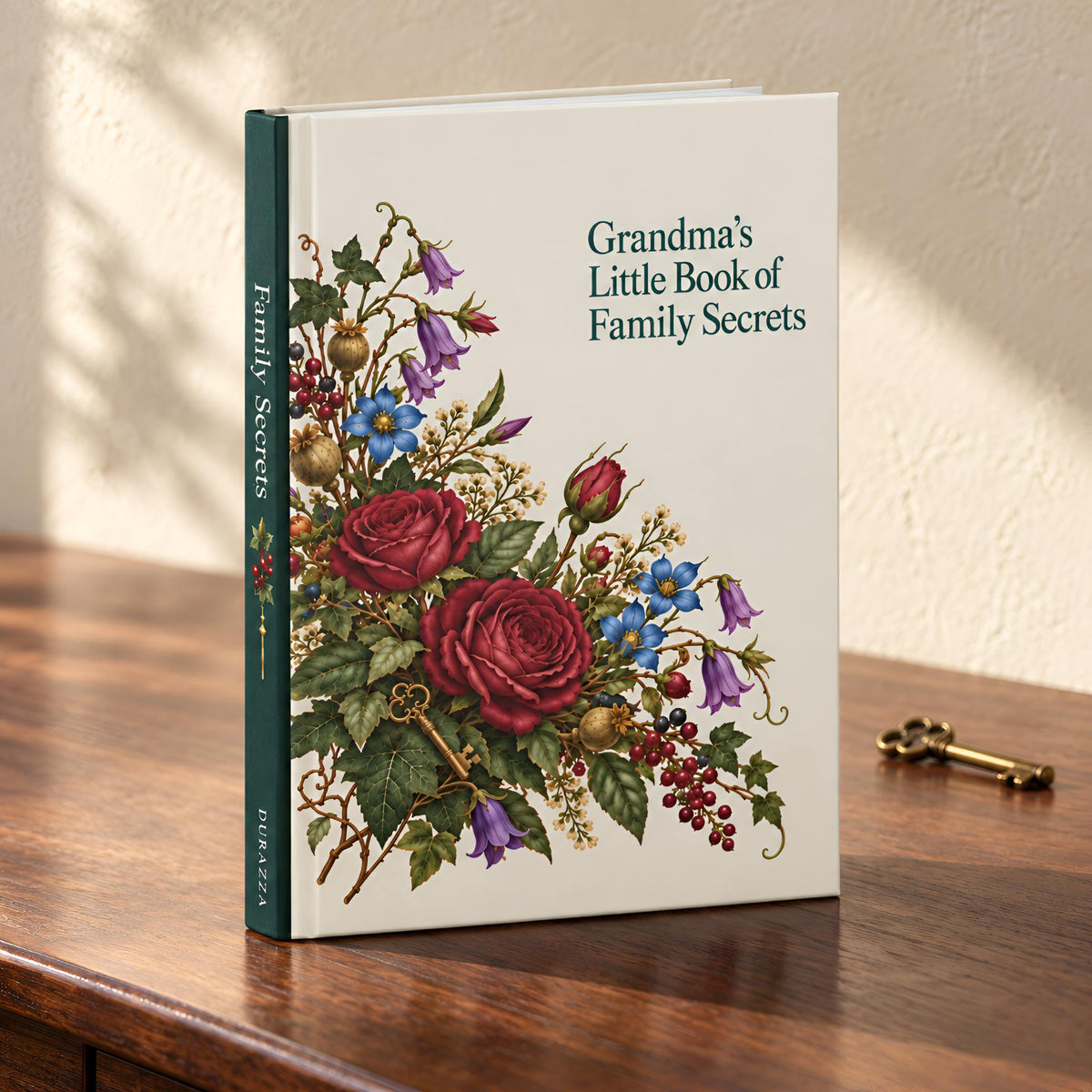 Floral Family Secrets journal standing on a wooden table, with a dark green spine, red roses, blue flowers, berries, and an illustrated key.