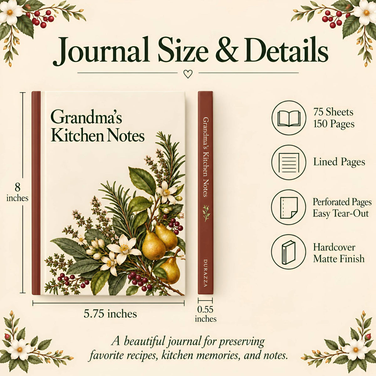 Pear & Herb Hardcover Journal for Grandma | Kitchen Notes