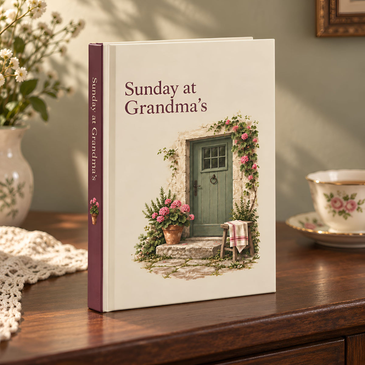 A hardcover journal titled "Sunday at Grandma's" stands upright on a wooden table. The cover is cream with a vintage-style illustration of a green door, pink flowers, and climbing vines.