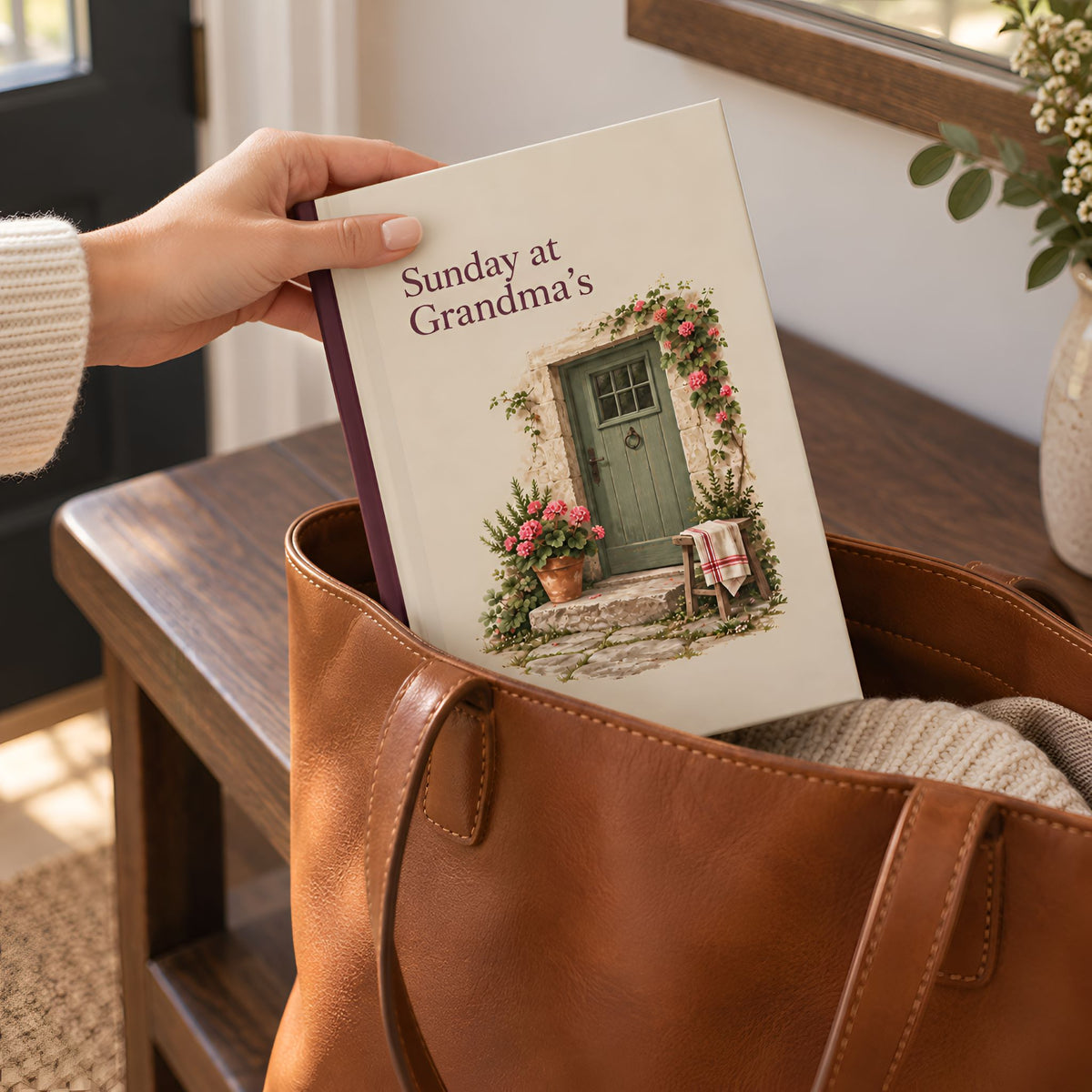 A hand holds a hardcover journal for grandma titled "Sunday at Grandma's" with an illustration of a green front door and flowers, placing it into a large brown leather tote bag on a wooden table.