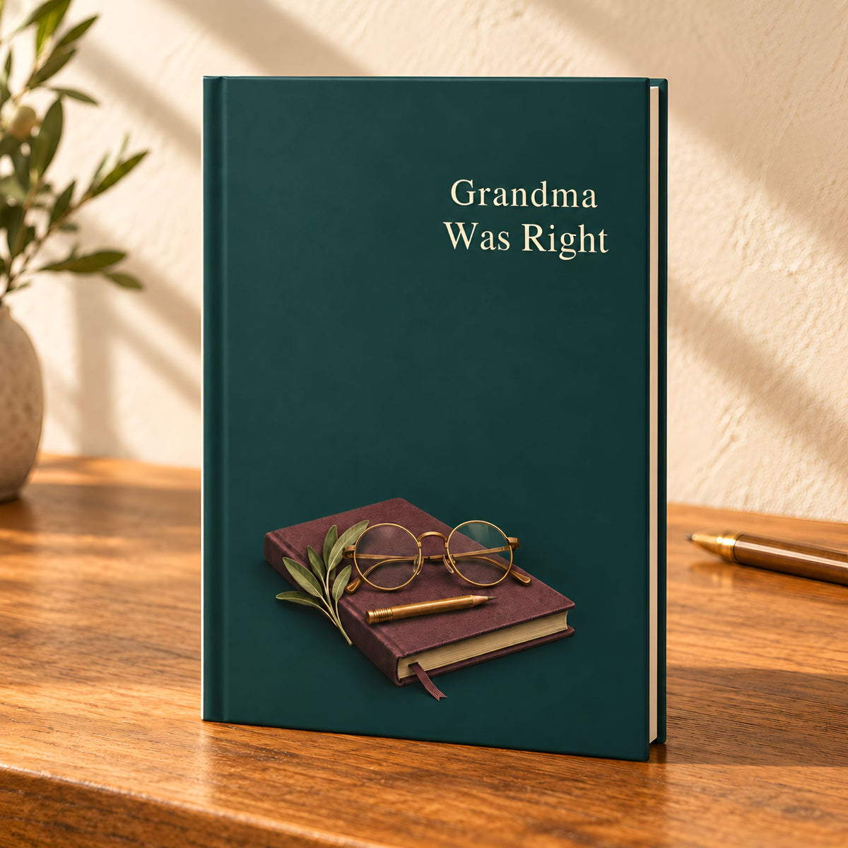 A hardcover journal titled 'Grandma Was Right' in a deep teal-green cover, standing upright on a wooden table. The cover features a graphic of a maroon notebook, gold-rimmed glasses, and a small green leafy sprig, with the title printed in a light beige serif font.