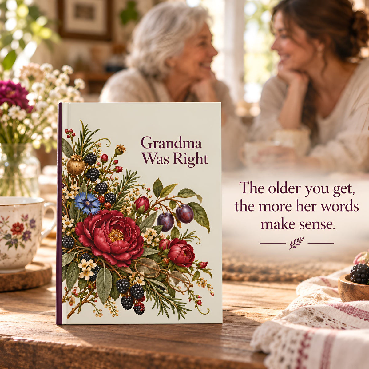 A hardcover journal titled 'Grandma Was Right' with a colorful floral illustration on the cover, standing on a wooden table. A woman gifting the journal to her grandma with a quote on the right reads, 'The older you get, the more her words make sense.